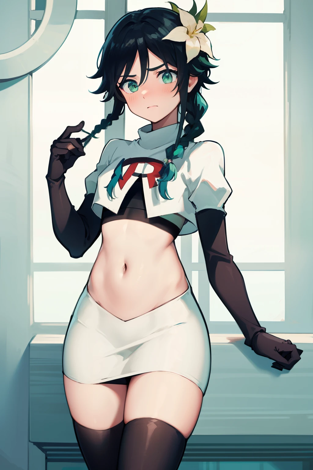 absurdres,venti,1boy, male focus, trap,black hair, green-blue hair, hair braid,hair flower,aqua green eyes,crossdressing,1boy,team rocket,team rocket uniform,white skirt,red letter R,crop top,black thigh-highs,black elbow gloves, cowboy shot,embarrassed, blush