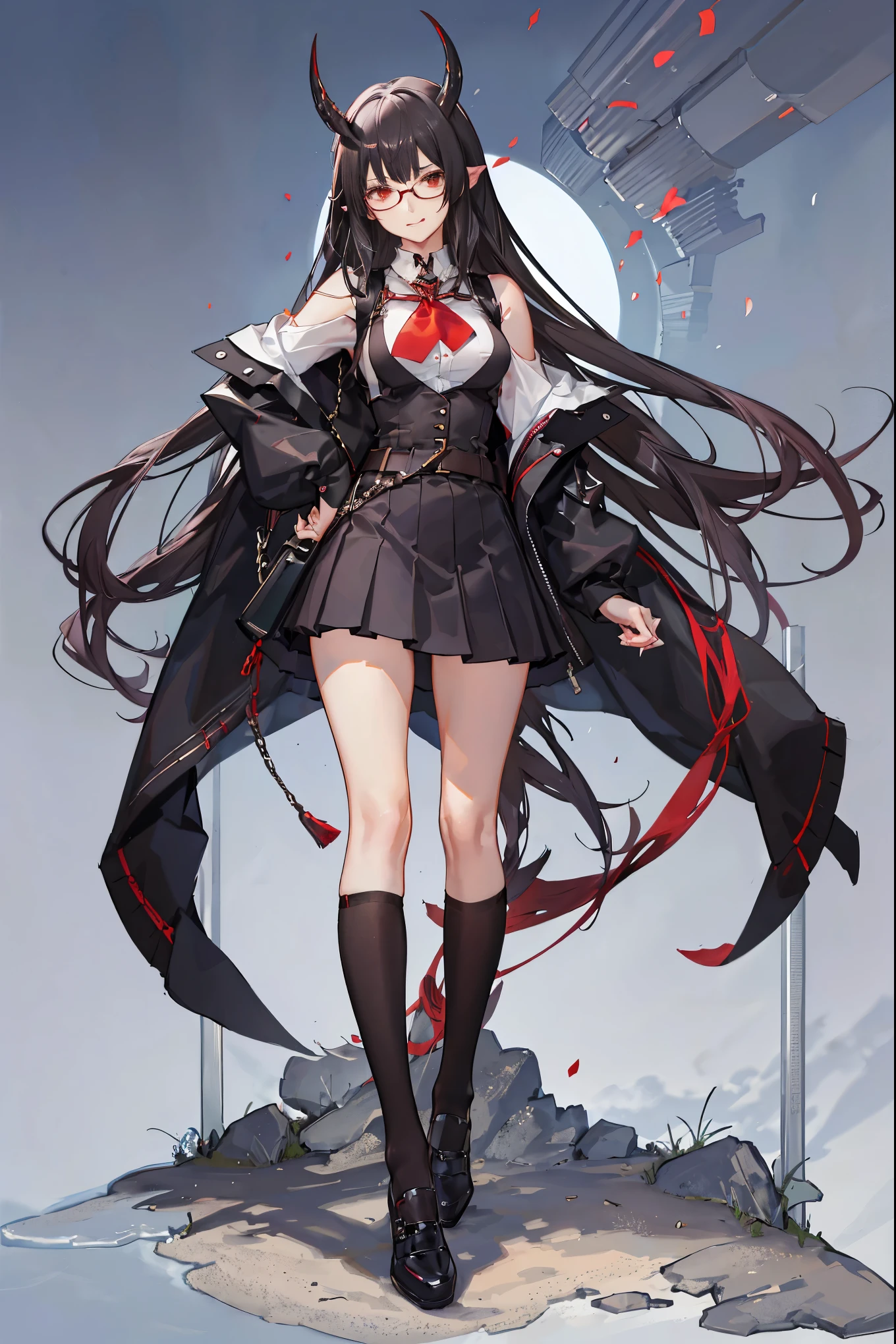"anime girl, 1 person, black hair, shoulder length hair, red eyes, glasses,((with white horns)), female school uniform, adult girl, shirt, short black vest outside, big breasts, long black stockings, leather shoes, lewd face, licking lips, standing cross-legged,((full body,))viewed from different directions, classroom,(full HD 4K+ image)"