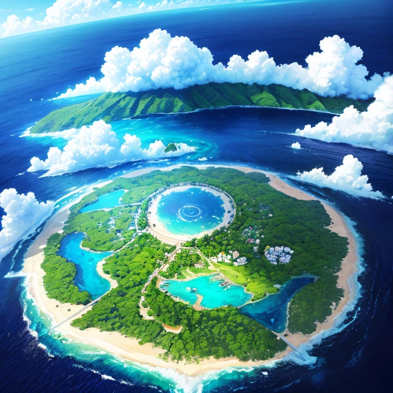 8k、HD、isolated island、Donut-shaped island、Transparent sea、There are lots of flowers on the island、Lush、Clouds in the blue sky、Aerial view、beautiful