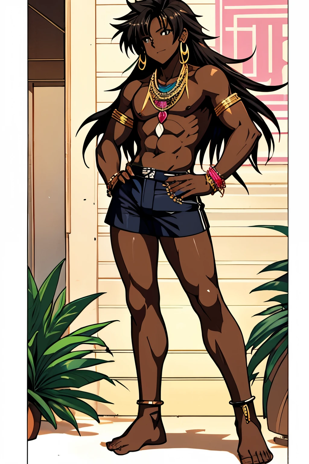 Toned African femboy, male, human, with dark skin, strong but femenine, lean composition, very long black messy untamed hair, shorts, topless, barefoot, slutty clothing, 1980s, Eighties, anime, hooker, jewellery, adult, Miami