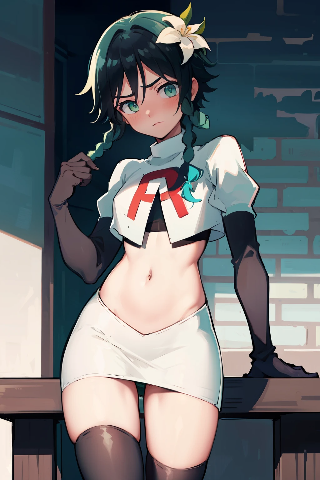 absurdres,venti,1boy, male focus, trap,black hair, green-blue hair, hair braid,hair flower,aqua green eyes,crossdressing,1boy,team rocket,team rocket uniform,white skirt,red letter R,crop top,black thigh-highs,black elbow gloves, cowboy shot,embarrassed, blush