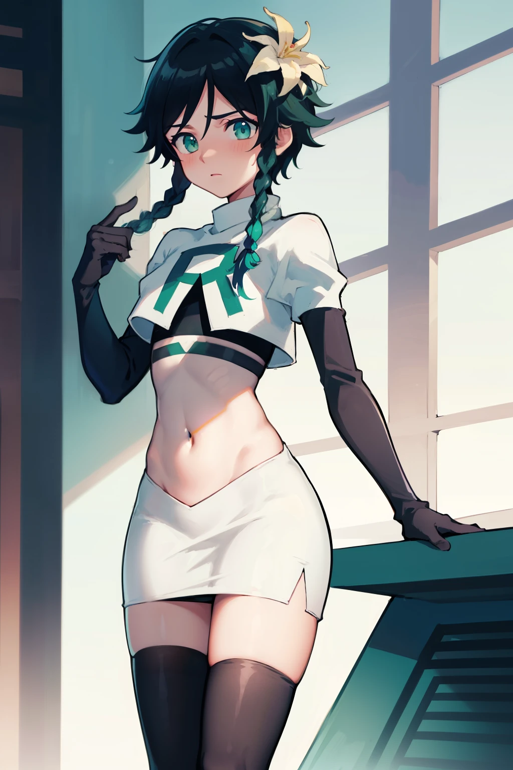 absurdres,venti,1boy, male focus, trap,black hair, green-blue hair, hair braid,hair flower,aqua green eyes,crossdressing,1boy,team rocket,team rocket uniform,white skirt,red letter R,crop top,black thigh-highs,black elbow gloves, cowboy shot,embarrassed, blush