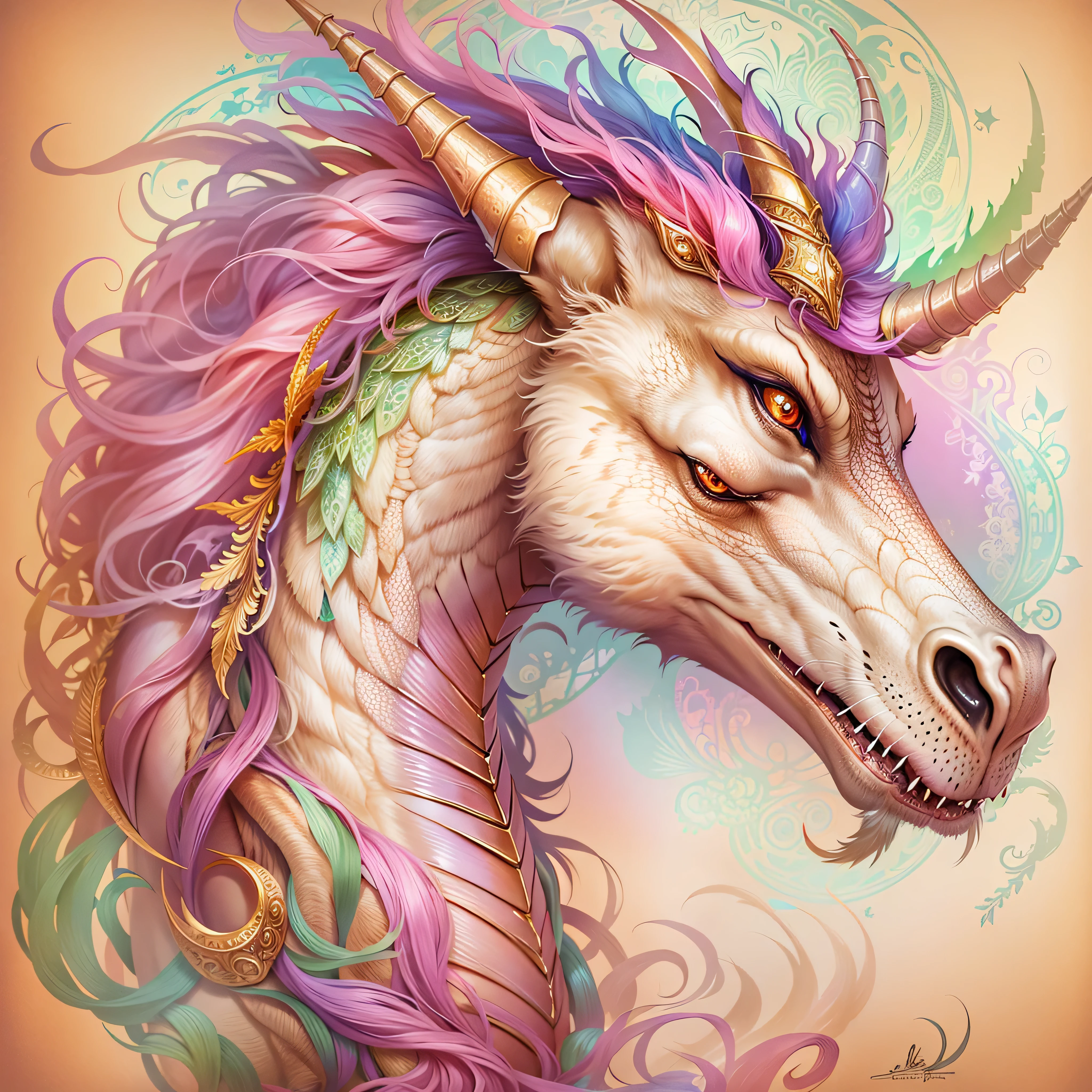 Aurorastyle,  highly detailed portrait of a magical dragon unicorn, concept art, illustration, parchment paper, fairytale creature