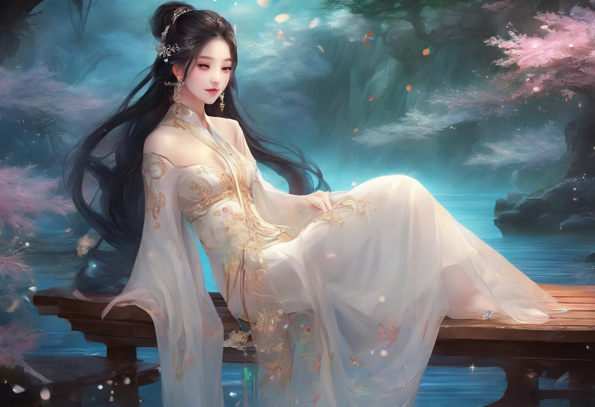 （（高quality，quality，quality，Extreme details，Masterpiece detail eye)),A 20-year-old oriental beautiful woman,White long hair shawl,moving eyes,Wearer white long sleeves,Ice and Snow Garden,in the pavilion,Sitting person plays the ice crystal guzheng