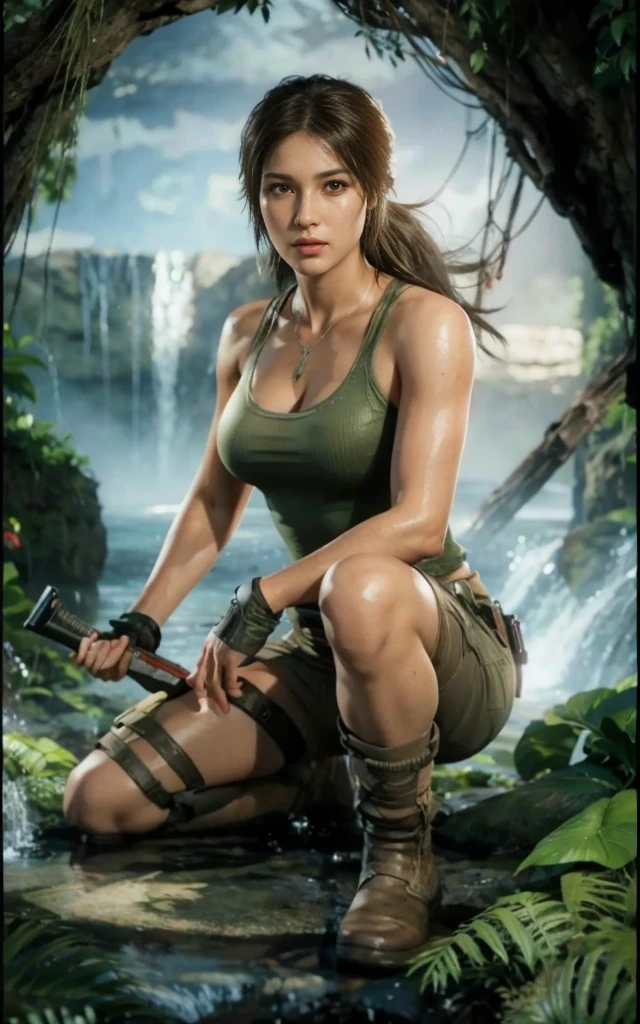 Lara Croft, brown eyes, (best quality, ultra-detailed), (realistic:1.37), beautiful and detailed face, ultra-realistic texture, delicate face, delicate body, red lipstick, bright colors. High definition, 8K