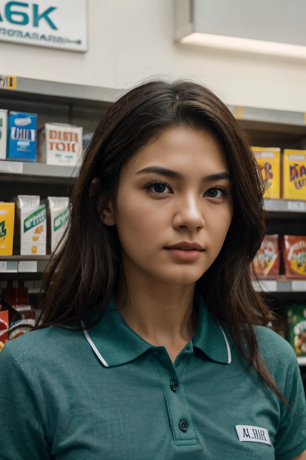 a tall asian boy with wavy hair, semi-green eyes, calm expression, strong jawline, wearing a blue polo shirt in a supermarket, (best quality,4k,8k,highres,masterpiece:1.2),ultra-detailed,(realistic,photorealistic,photo-realistic:1.37),extremely detailed eyes and face,beautiful detailed eyes,beautiful detailed lips,longeyelashes,cinematic lighting,warm color tones,vibrant colors