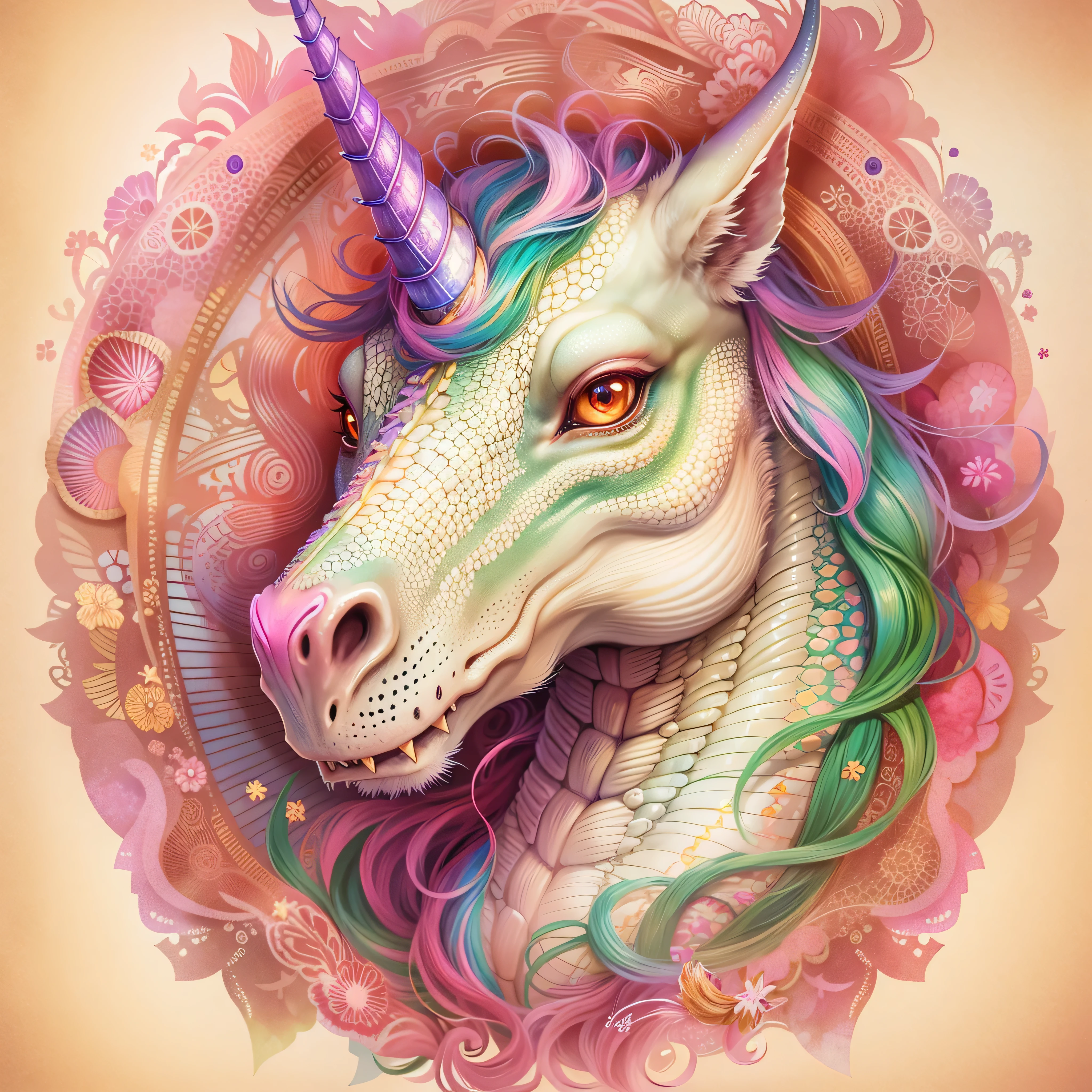 Aurorastyle, highly detailed portrait of a magical dragon unicorn, concept art, illustration, parchment paper, fairytale creature