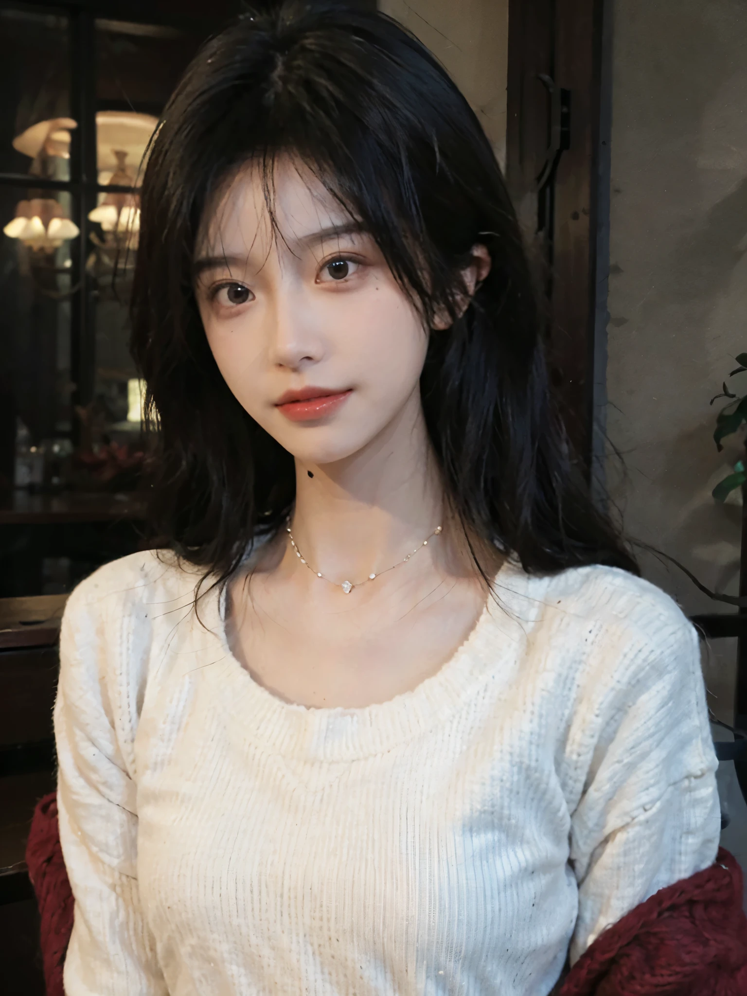 best qualtiy， Ultra-high resolution， （realisticlying：1.4），cute hairpin，1girll，Red long-haired,Cropped black sweater ，Beautiful woman with a slim figure:1.4, Pronounced abs:1.4, On the island,Ultra-fine face，Elaborate Eyes，double eyelid，choker necklace