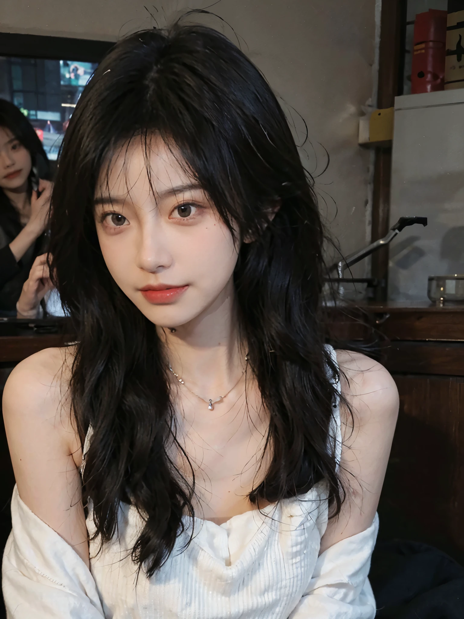 best qualtiy, Ultra-high resolution, (realisticlying:1.4),cute hairpin,1girll,Red long-haired,Cropped black sweater ,Beautiful woman with a slim figure:1.4, Pronounced abs:1.4, On the island,Ultra-fine face,Elaborate Eyes,double eyelid,choker necklace