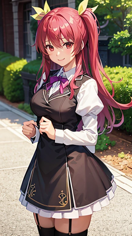 masterpiece、top-quality、1 girl in、Stella Vermillion、Uniforms、garter strap、black thighhighs、self-assured、Smiling school courtyard、is standing、cowboy shot、a smile