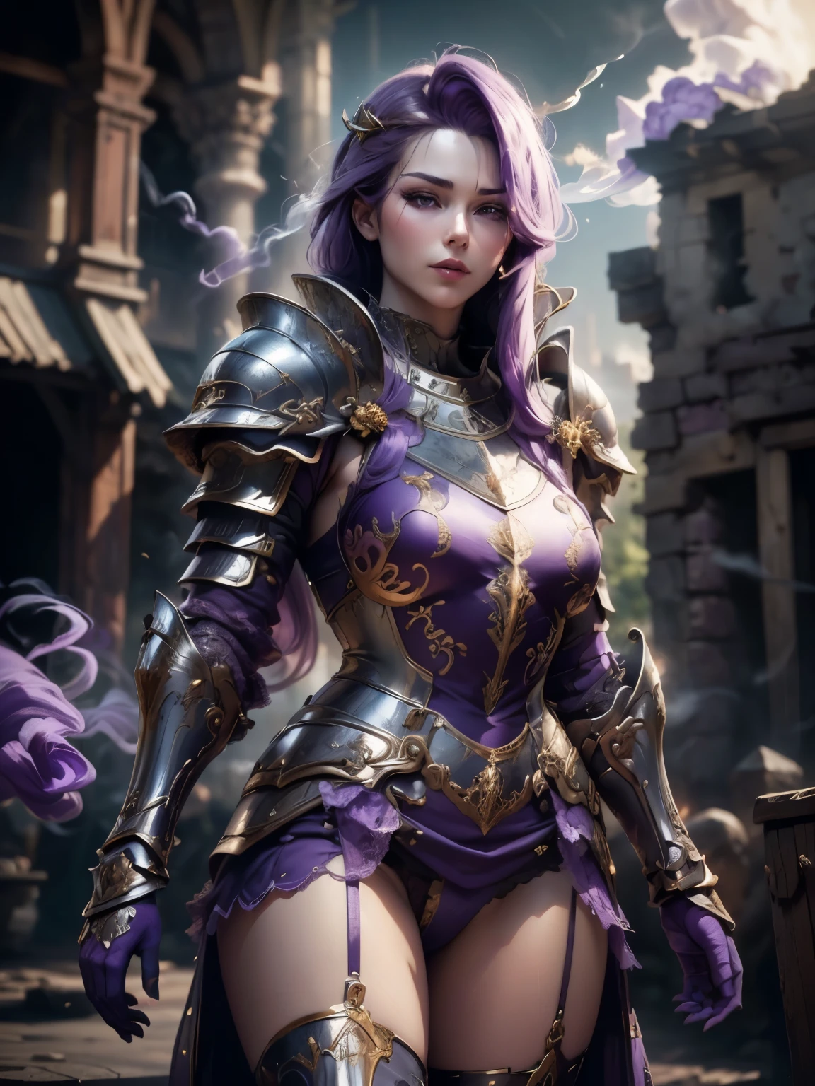 (Masterpiece, Superb Detail, Super Detailed, High Resolution), Male Focus, (((Female Armor))), (((Armor Purple Dress Set))), (She Has Long Purple Hair, Medium Breasts, Slim, perfect body, beautiful face), look at viewer, (((purple panty))), (((smoke))), City Ruins, Background Details, Solo
