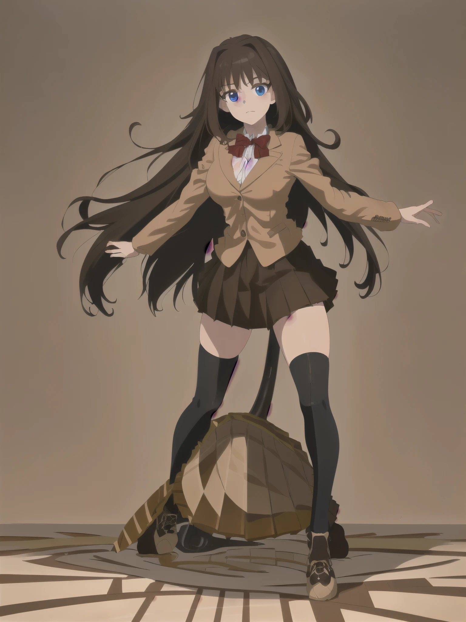 ((1girl:1)), ((solo:1.5)), colorful, hyper detail, intricate details, best quality, high contrast, bbaoko, (((only 2 legs:1.5))), (lush luscious hair:1.5), serious, blue eyes, (very long hair:1.1), ((long swirling hair:1.7), (chestnut-brown hair with slightly reddish undertone), red bowtie, (Form-fitting beige blazer:1.5), brown jacket, (highly detailed beautiful face:1.5) (white shirt:1), (well shaped large breasts:1.3), nice hips, (((Umber pleated-skirt:1.5))), (((black spandex shorts:1))), (nice thighs:1.1))), (2 symmetrical black stockings:1.5), (2 thigh-high stockings:1.3), (umber Strap-Shoes:), (facing front:1.5), ((standing straight:1)), ((Fullbody in frame including full shoes:1.6)), ((Full body:1.5)), (white background:1.5), (((empty background:1.5))),