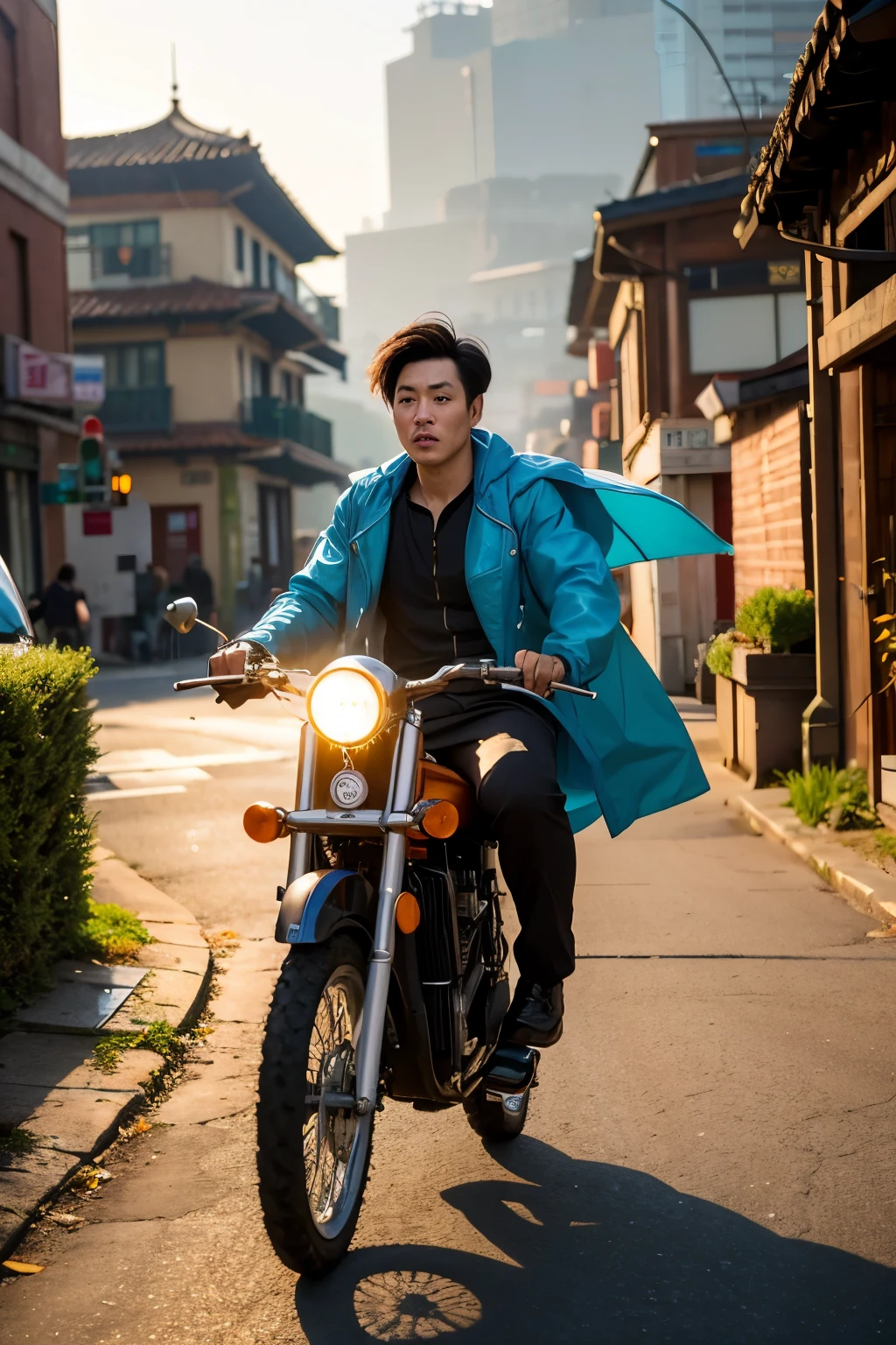 Style: Cartoon cultivation style
Basic Information: Li Ming, a deliveryman, in the streets of the cultivation world and the Shennongjia Secret Realm
Actions: Confirming orders, flying on a spirit-powered delivery vehicle, picking spiritual herbs, battling with a fierce monster, recuperating with the help of his master's sister, observing and learning alchemy
Additional Information:
- Li Ming wears a flying raincoat and rides a spirit-powered delivery vehicle.