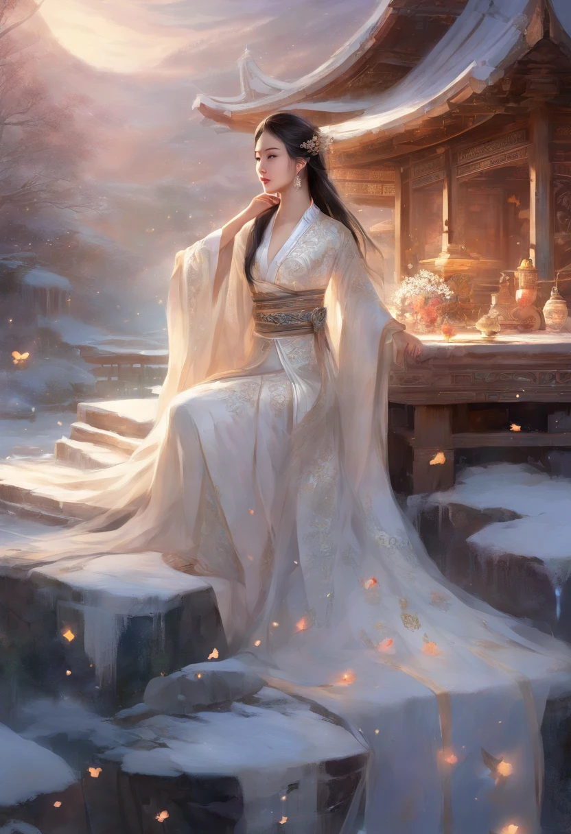 ((High quality,quality,quality,Extreme details,Masterpiece detail eye)),A 20-year-old oriental beautiful woman,White long hair shawl,moving eyes,Wearer white long sleeves,Ice and Snow Garden,in the pavilion,Sitting person plays the ice crystal guzheng