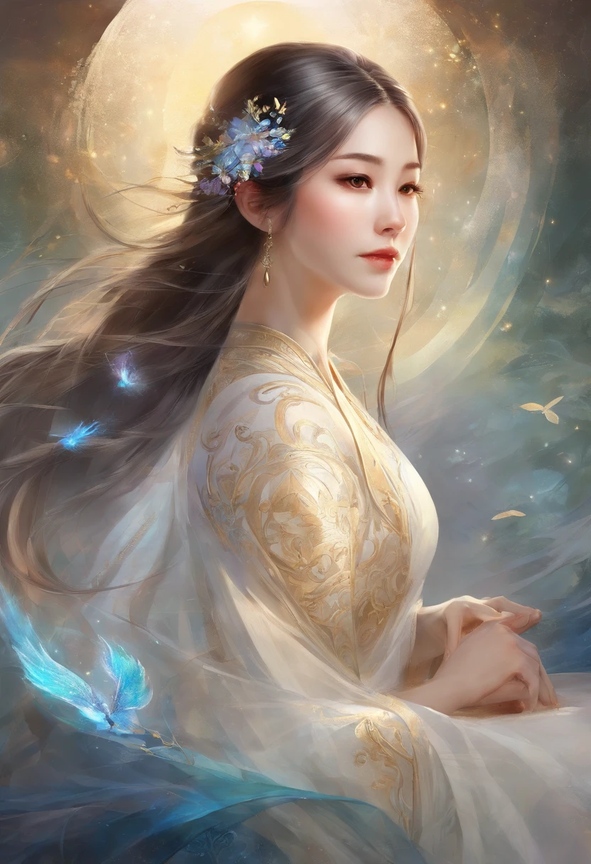 （（High quality，quality，quality，Extreme details，Masterpiece detail eye)),A 20-year-old oriental beautiful woman,White long hair shawl,moving eyes,Wearer white long sleeves,Ice and Snow Garden,in the pavilion,Sitting person plays the ice crystal guzheng