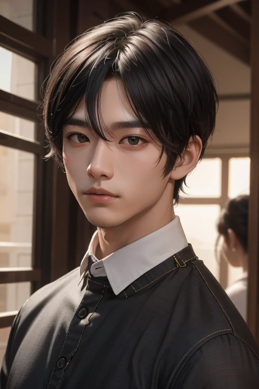 masterpiece,best quality,ultra detailed,upper body,male,male face,28 years old,black hair,very short hair,black eyes,hairs between eyes, crossed bangs,shirt,sharp eyes
