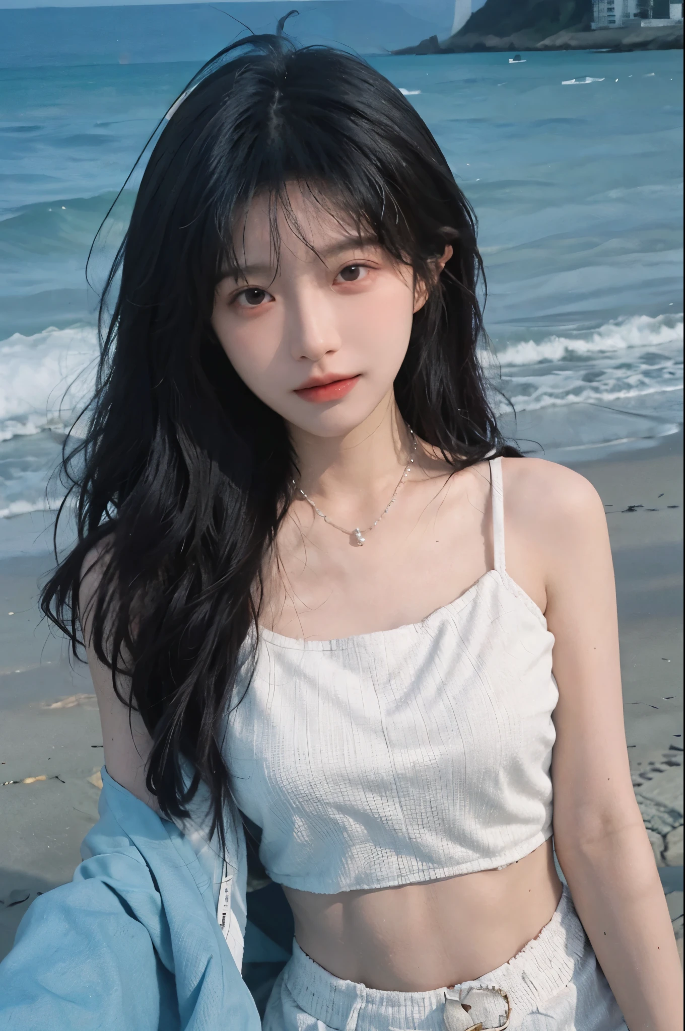 Best quality，Ultra-high resolution，（lifelike：1.4），Cute hairpin，1girll，Long curly hair，jk，Blush，Slim beauty：1.4，Visible abdominal muscles，on the beach，Ultra-fine face，Exquisite eyes，Double eyelids，necklace