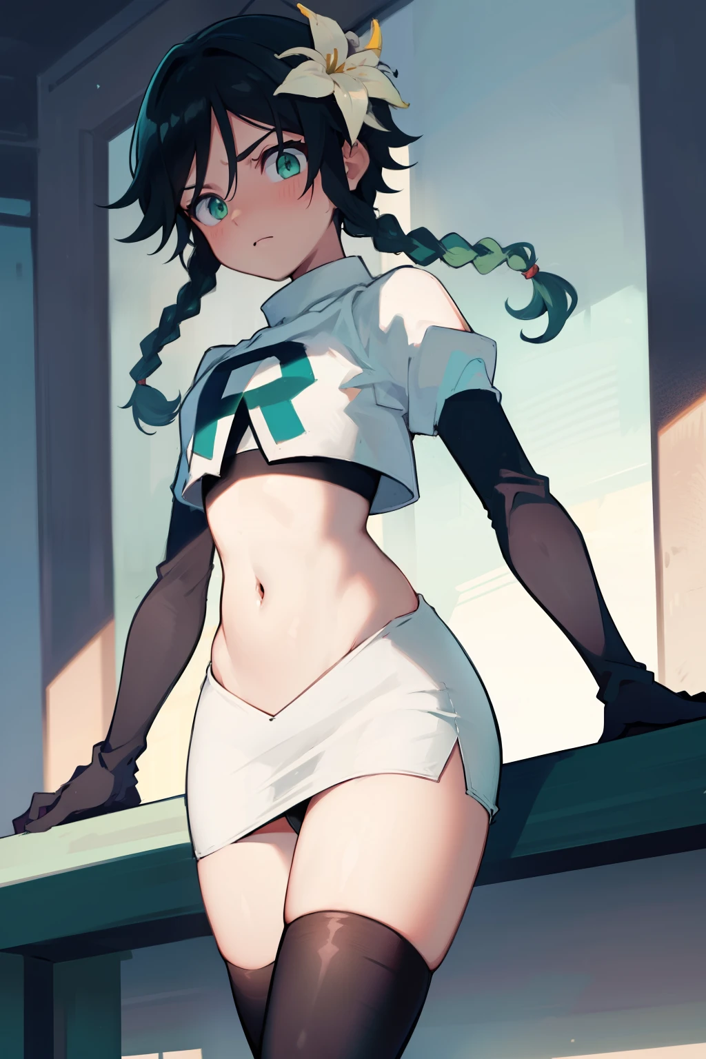 absurdres,venti,1boy, male focus, trap,black hair, green-blue hair, hair braid,hair flower,aqua green eyes,crossdressing,1boy,team rocket,team rocket uniform,white skirt,red letter R,crop top,black thigh-highs,black elbow gloves, cowboy shot,embarrassed, blush