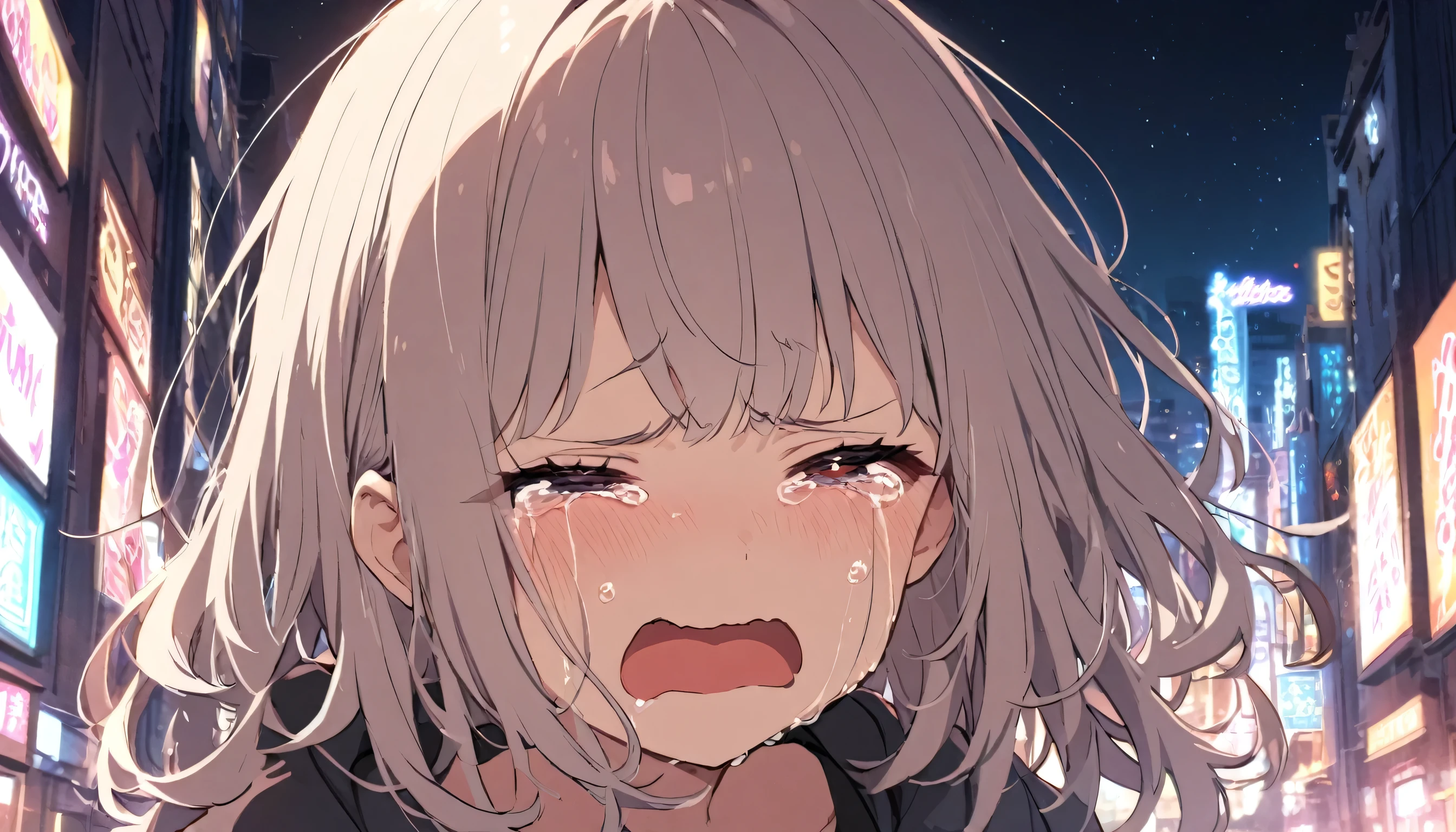 girl, 1 person, night, neon, Crying face, dark, cute