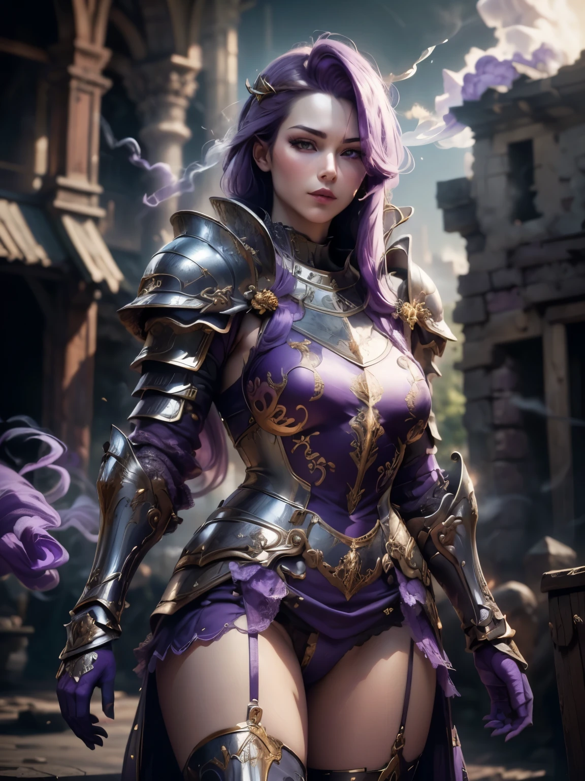 (Masterpiece, Superb Detail, Super Detailed, High Resolution), Male Focus, (((Female Armor))), (((Armor Purple Dress Set))), (She Has Long Purple Hair, ??????????????, Slim, perfect body, beautiful face), look at viewer, (((purple ?????))), (((smoke))), City Ruins, Background Details, Solo