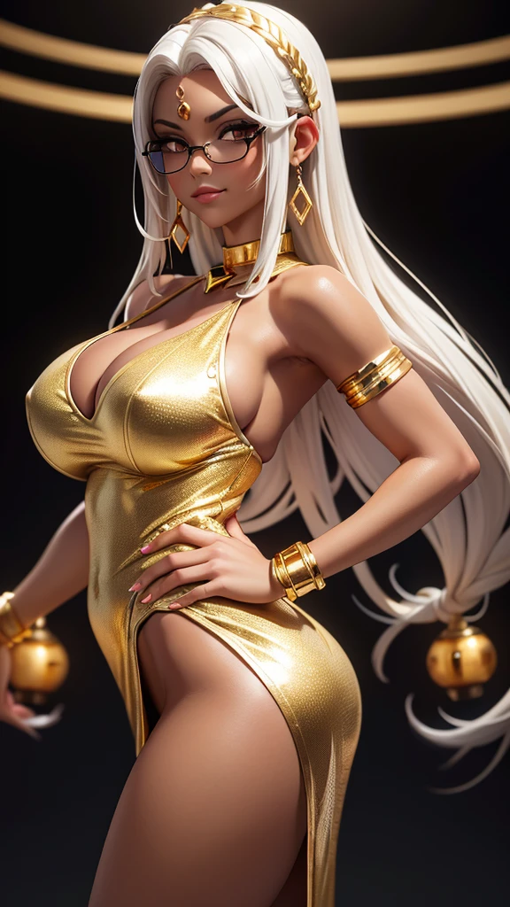 back view,(best quality, masterpiece),(a beautiful voluptuous white milf),muscle,(silver cornrow hair)(silver dreadlocks),(dark tanned skin:1.5),(oily skin:1.3),(gold embroiled black slit dress:1.4),silver round glasses,gold necklace,(large breasts),jewelry,gold anklet,gold bracelet,(large ass),(seduce pose:1.4),(smirk:1.2),(absurdres:1.4),(in dark room),(underexposed lighting:1.4)
