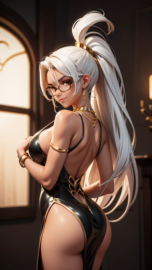 back view,(best quality, masterpiece),(a beautiful voluptuous white milf),muscle,(silver cornrow hair)(silver dreadlocks),(dark tanned skin:1.5),(oily skin:1.3),(gold embroiled black slit dress:1.4),silver round glasses,gold necklace,(large breasts),jewelry,gold anklet,gold bracelet,(large ass),(seduce pose:1.4),(smirk:1.2),(absurdres:1.4),(in dark room),(underexposed lighting:1.4)