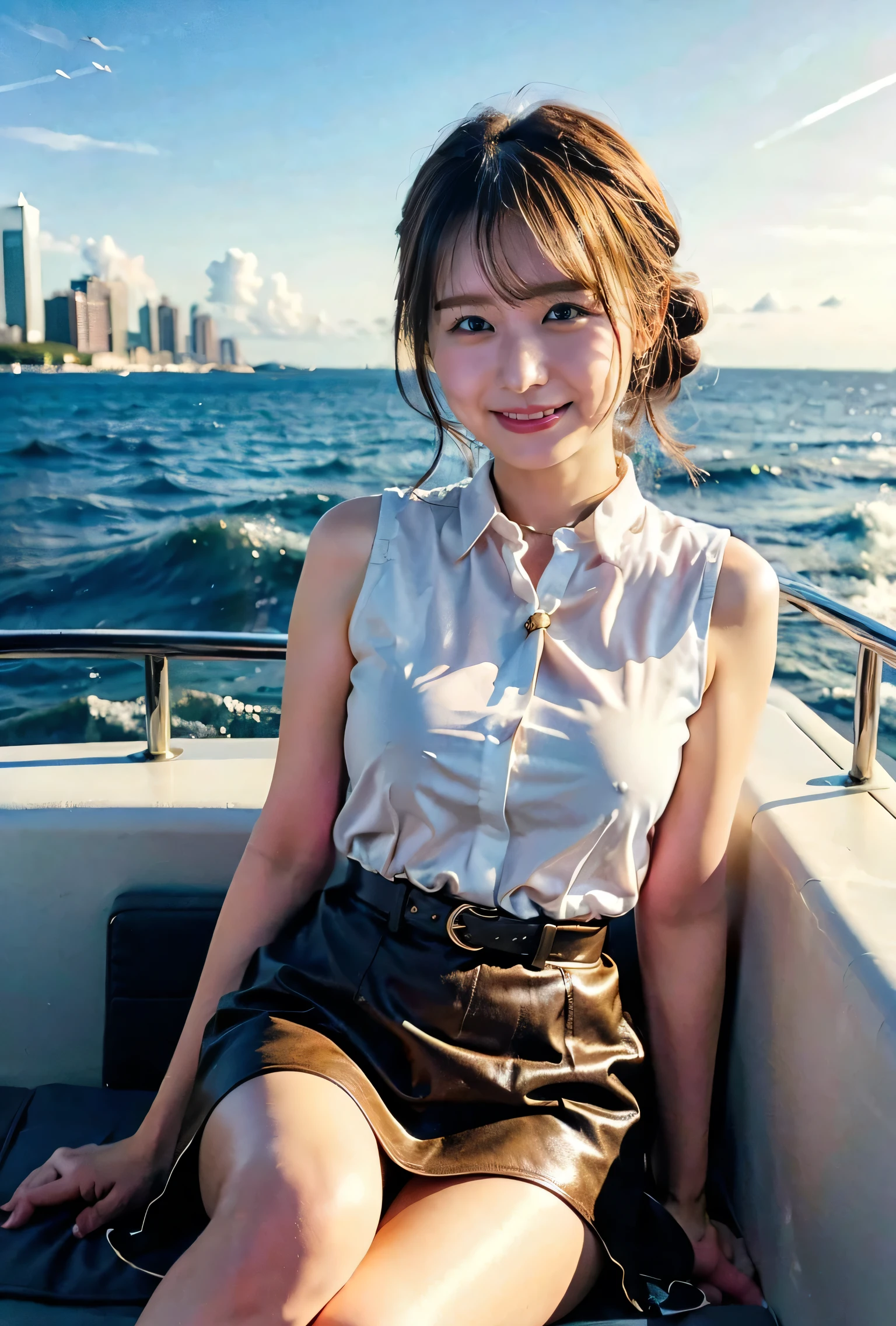 Start taking off your clothes、The sea is sparkling、I see the Statue of Liberty、Braided hair only for the bangs、Light brown hair、mullet hairstyle、Blue Eyed Woman、A woman with a cute upward gaze、When the sky gets dark、The sky turns red as the sun sets、Tight clothing that shows your body lines、The collar of his shirt is obscenely open、Gorgeous white collared silk shirt and brown skirt、High-quality genuine leather belt、Dress elegantly着こなす、Luxury Bags、、((Medium Short Hair:1.4))、Skyscrapers seen across the sea、Manhattan Island is visible offshore、Woman on a sightseeing boat、Side Ponytail、The sun shines on her、Sleeveless、Light brown hair、Light brown hair、The sky was dyed red、There are clouds、It's cute、An elegantly dressed woman is sitting on a boat and watching the sunset、Her huge breasts are obvious even through her clothes..、The shining sun is so beautiful、Dusk is approaching、Lens flare、I can see the sun setting、((Sunlight reflecting off the ocean、Ocean View、The sun shines on the ocean、'beautiful.、Small earrings、It'evening、Birds are also flying、、Brown Hair Color、Tying up hair、The woman is on the right:1.4))、Luxury Leather Belts、Shiny clothes、Light beige hair color、Background Blur、Braid only the front hair、Light brown hair、{{Cowgirl Shot}}、((Close-up shot from the waist up、Big Breasts:1.4))、Big Breasts、Smile、Silk clothing、Big Breasts that can be seen even through clothes、Braid only the front hair、Cowboy Shot、Gorgeous white collared silk shirt and brown skirt、Dress elegantly、Luxury Bags、A lovely smile、((airplane in the background、I'Coming to the airport))、Full body photo、ring、Short skirt、Tuck your hair behind one ear、Silver Necklace、smile、 Elegant ponytail、Caustics、Highly detailed photos、Very beautiful and ideal short hair、Big Breasts、Super no makeup、(8k、RAW Photos、highest quality、masterpiece:1.2)、(Realistic、Realistic)、1 girl、((Big Breastsショートヘア、Looking into the camera:1.4))、Hair blowing in the wind