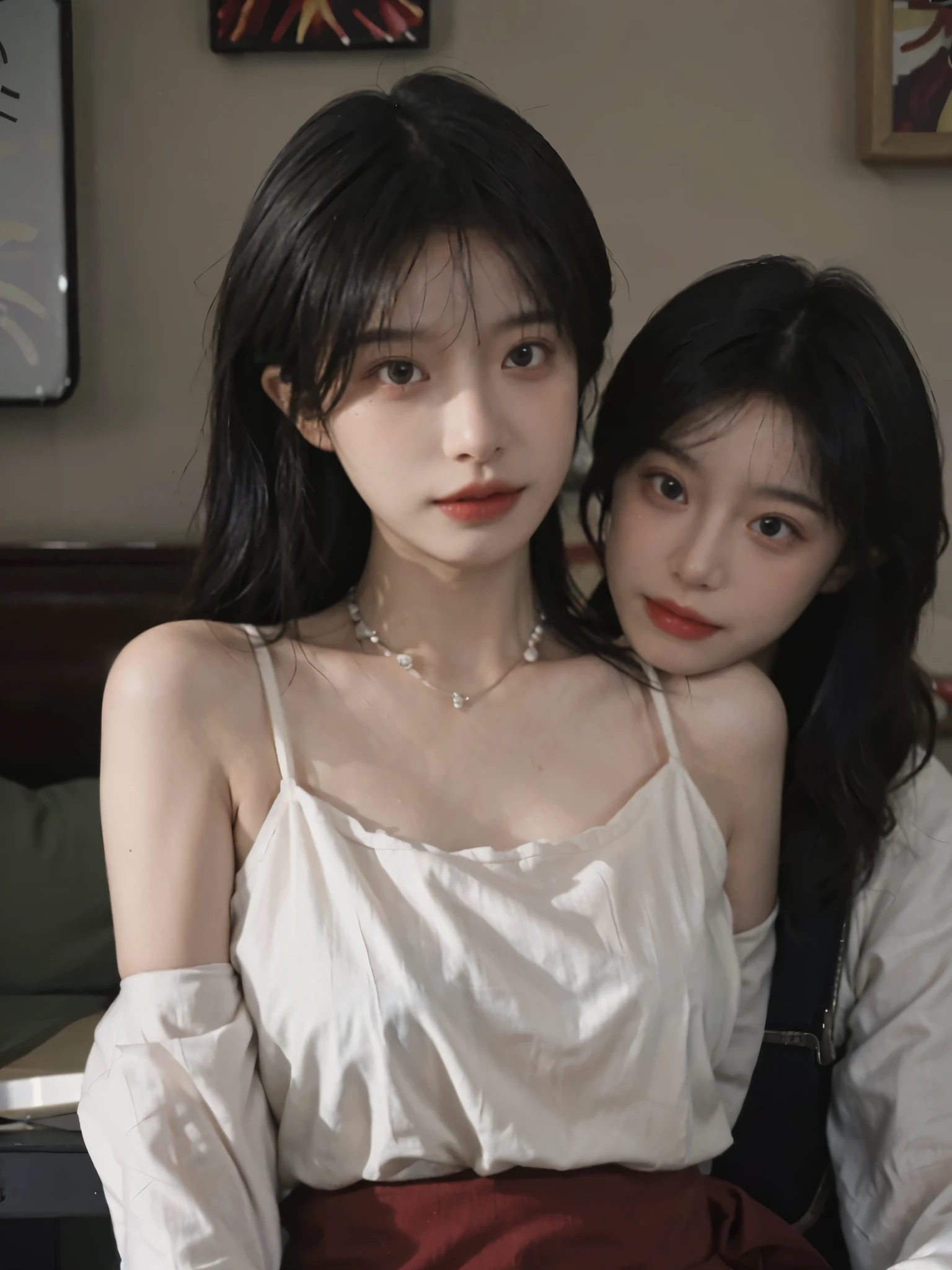 Film portrait photography, 2 girls, Bare shoulders,Lipstick,(flat chest:1.4), Wear a necklace,Cute expression,Exquisite makeup,Red suspenders,serene, calm, (Realistic and detailed eyes, Natural skin texture, Realistic facial details), Big breasts:1.6,Big Breasts,Soft dramatic lighting, Depth of Field, Bokeh, Vibrant details, Detailed and detailed, Surreal, 35mm film, hazy, ,