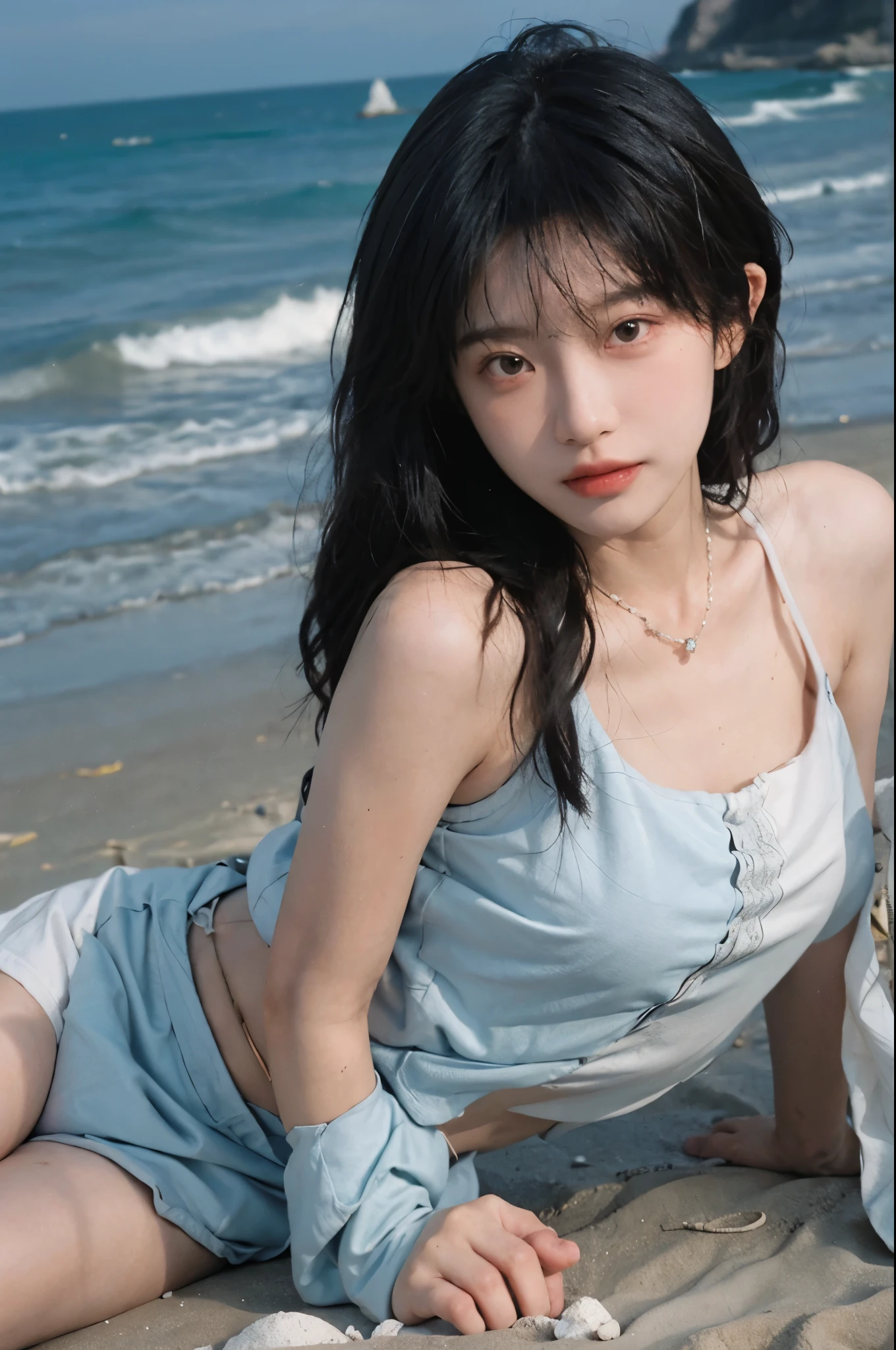 Best quality，Ultra-high resolution，（lifelike：1.4），Cute hairpin，1girll，Long curly hair，jk，Blush，Slim beauty：1.4，Visible abdominal muscles，on the beach，Ultra-fine face，Exquisite eyes，Double eyelids，necklace