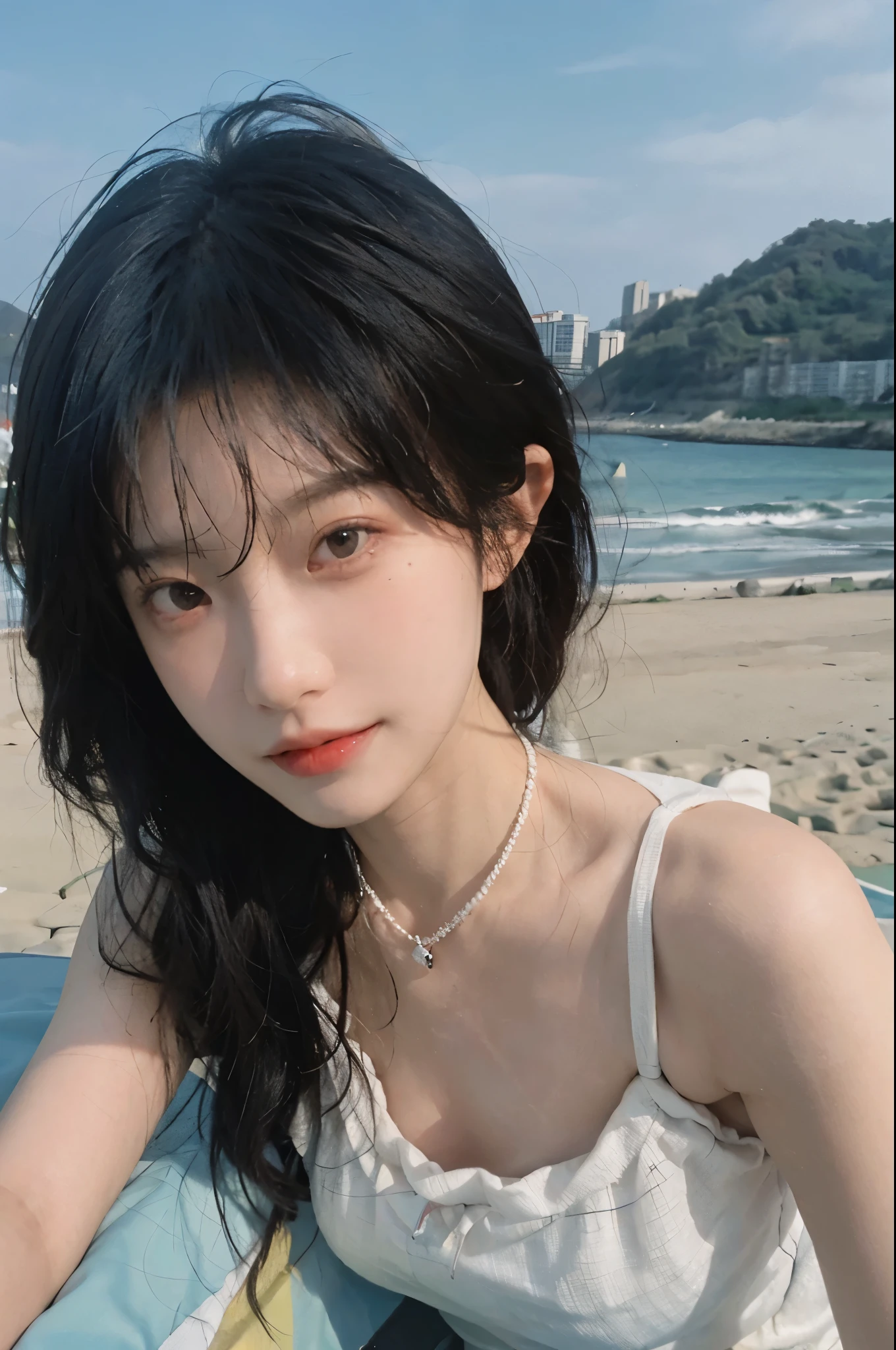 Best quality，Ultra-high resolution，（lifelike：1.4），Cute hairpin，1girll，Long curly hair，jk，Blush，Slim beauty：1.4，Visible abdominal muscles，on the beach，Ultra-fine face，Exquisite eyes，Double eyelids，necklace