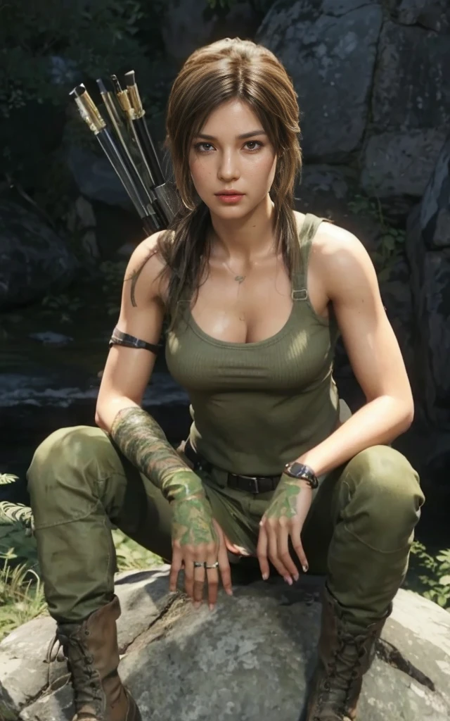 Lara Croft, brown eyes, (best quality, ultra-detailed), (realistic:1.37), beautiful and detailed face, ultra-realistic texture, delicate face, delicate body, red lipstick, bright colors. High definition, 8K