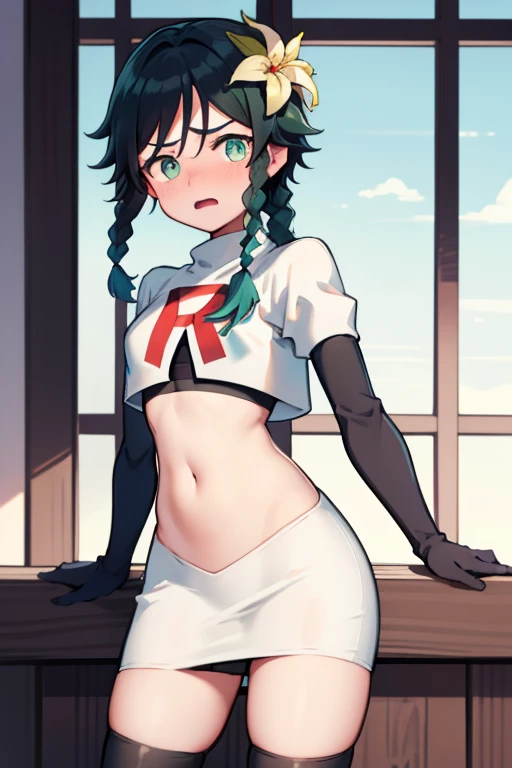 absurdres,venti,1boy, male focus, trap,black hair, green-blue hair, hair braid,hair flower,aqua green eyes,crossdressing,1boy,team rocket,team rocket uniform,white skirt,red letter R,crop top,black thigh-highs,black elbow gloves, cowboy shot,embarrassed, blush