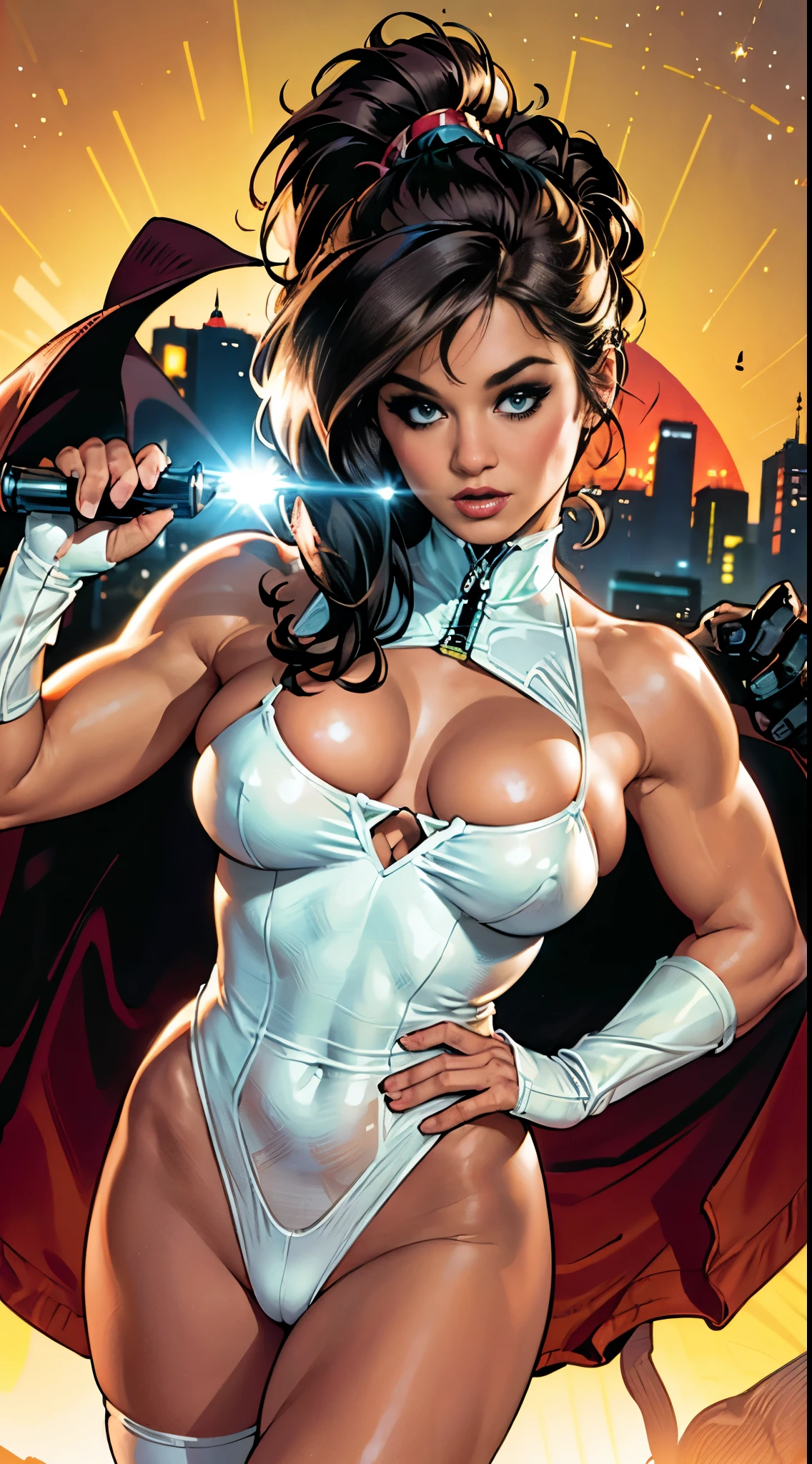 Alison Tyler vestindo um traje espacial justo branco de seda com detalhes em renda branca, futurista cybberpunk, (((corpo inteiro))) no painel de quadrinhos, corpo todo, bold lineart illustration comics, olhos azuis sedutores, parted lips, Corpo perfeito, curved, Fitness, nsfw, ao estilo de Adam Hughes, (((obra prima))), (((adulto))) Explore retro-futuristic aesthetics, highlighting your confidence and skill. big city night, Blade Runner 