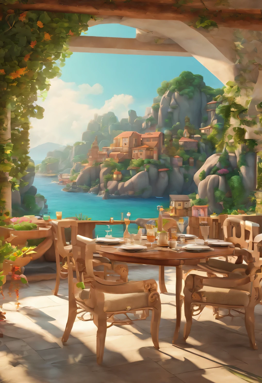 A Kavachi-style painting of a fantastical coastal village, Cinema4d Rendering,a dining table,The dining table is clean,Creative character design of several chairs, Luxury cartoon style, 32k ultra high definition--com 2:1