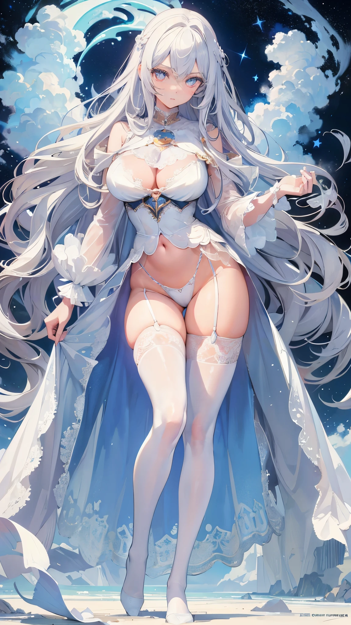 ((masterpiece, best quality)), Delicate face，Mage，Full body painting，Perfect body proportions，Large Breasts，Long legs，white hair，Long wavy hair，beautiful eyes，Fantasy style，Extremely beautiful，White background，Extremely beautiful，Clouds，magic，transparent，Sexy bikini，Lace，Garter stockings，exposed，Star decoration