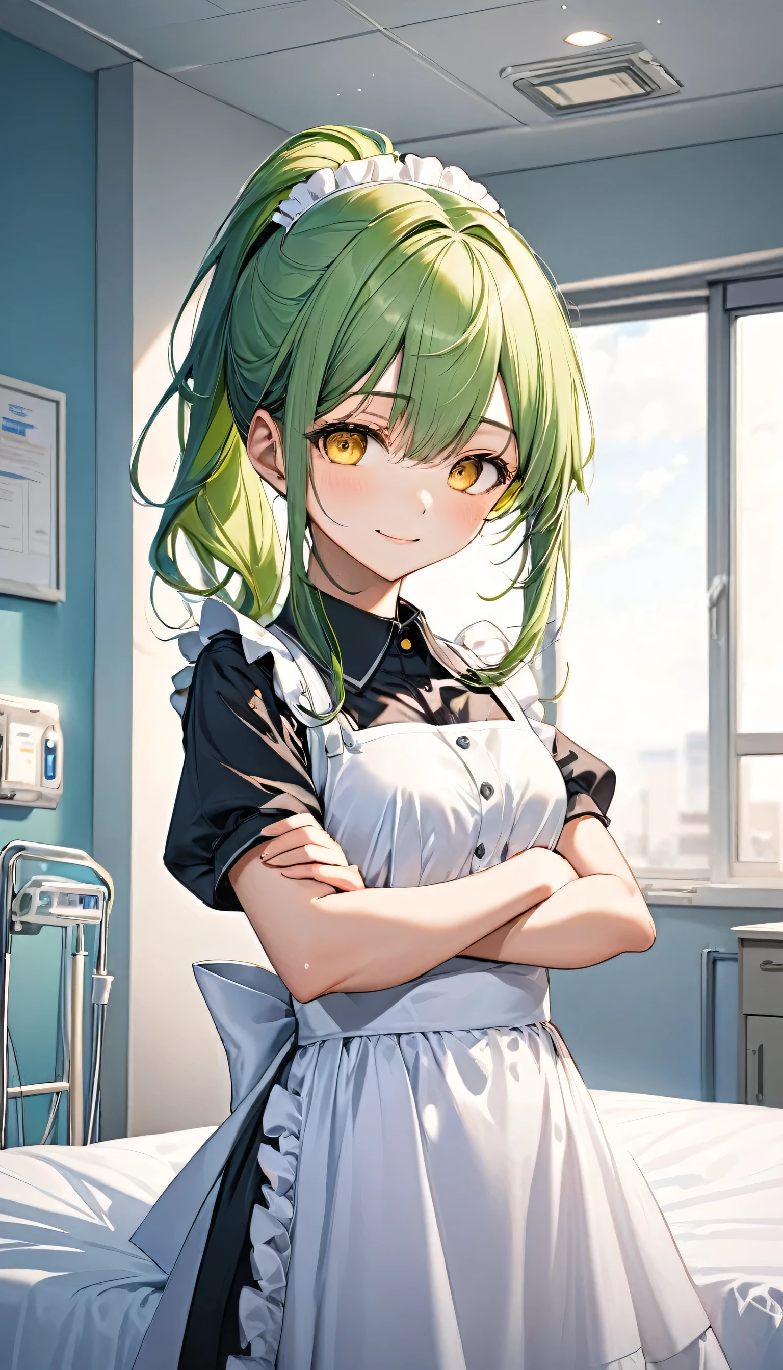 low-angle, (solo:1.3 ponytail green hair long hair cute girl, cute yellow eyes, soft smile), (15 yo), (in a cute maid clothes), BREAK, (in the Hospital bedroom), (standing side for bed, looking down, crossing arms), (background is lightning:0.5), BREAK, perfect anatomy, masterpiece, best quality, 16k, beautiful detailed grow, daydreaming expression.