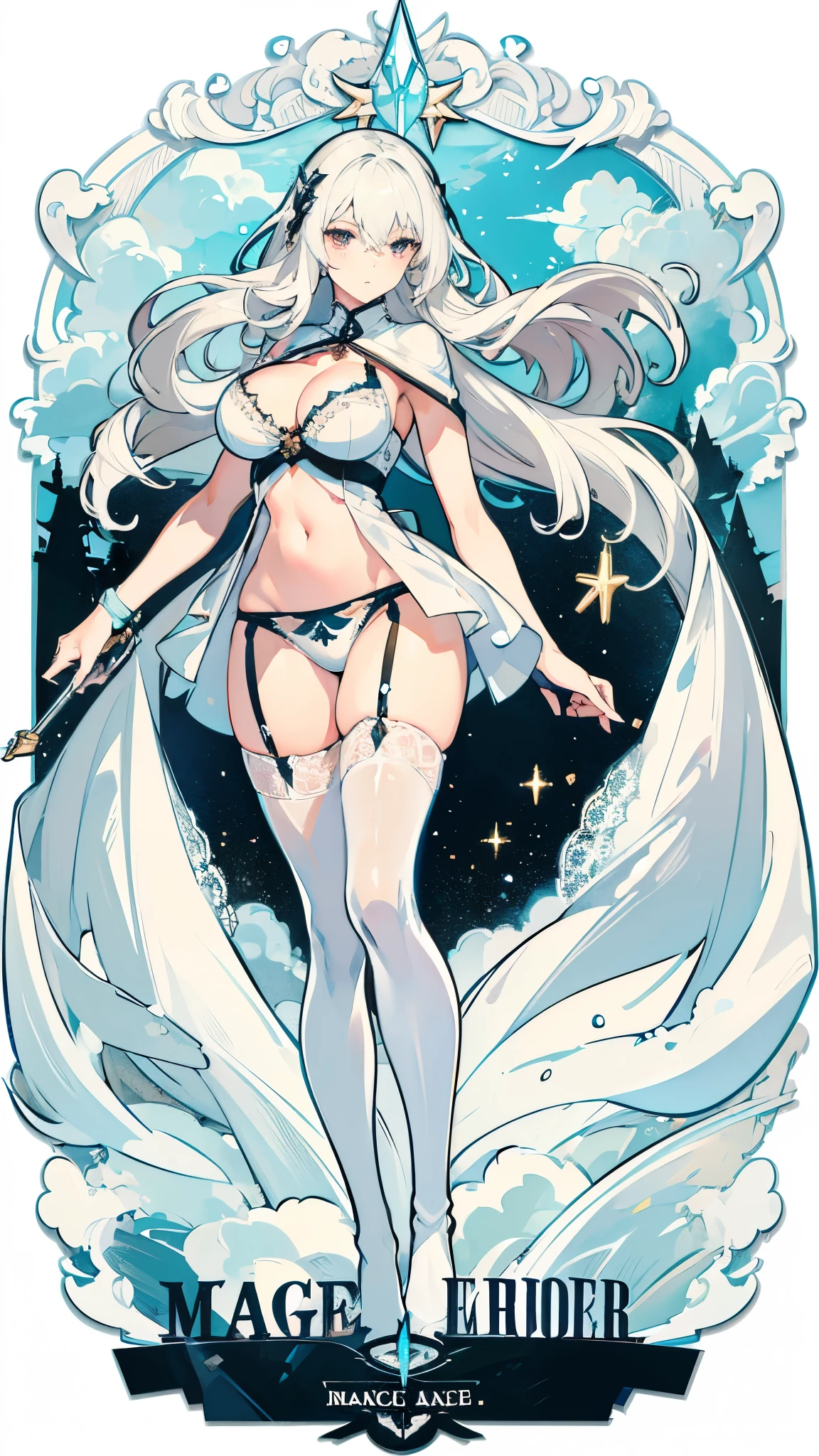 ((masterpiece, best quality)), Delicate face，assassin，Full body painting，Perfect body proportions，Large Breasts，Long legs，white hair，Long wavy hair，beautiful eyes，Fantasy style，Extremely beautiful，White background，Extremely beautiful，Clouds，magic，transparent，Sexy bikini，Lace，Garter stockings，exposed，Star decoration