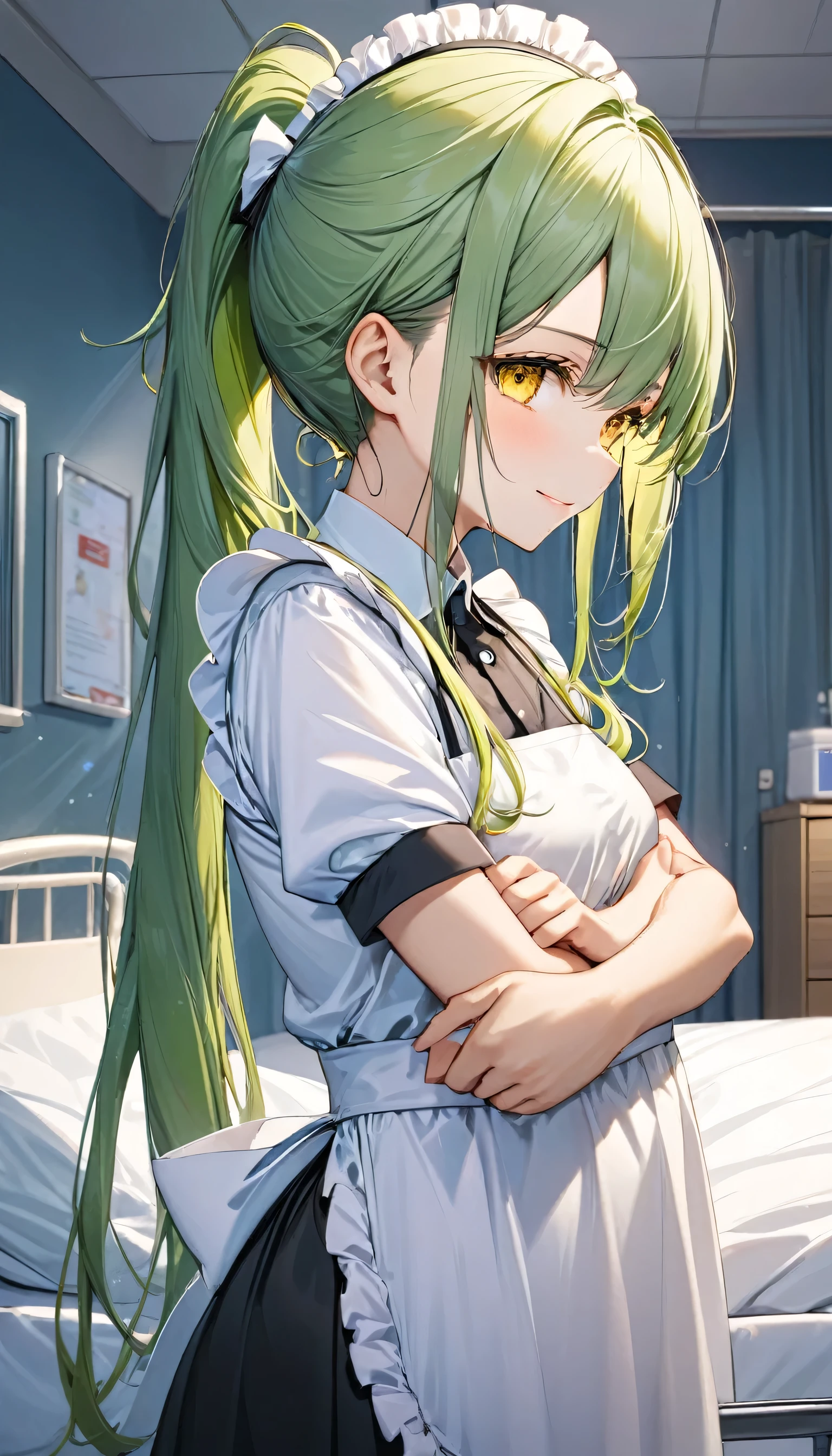 low-angle, (solo:1.3 ponytail green hair long hair cute girl, cute yellow eyes, soft smile), ( yo), (in a cute maid clothes), BREAK, (in the Hospital bedroom), (standing side for bed, looking down, crossing arms), (background is lightning:0.5), BREAK, perfect anatomy, masterpiece, best quality, 16k, beautiful detailed grow, daydreaming expression.