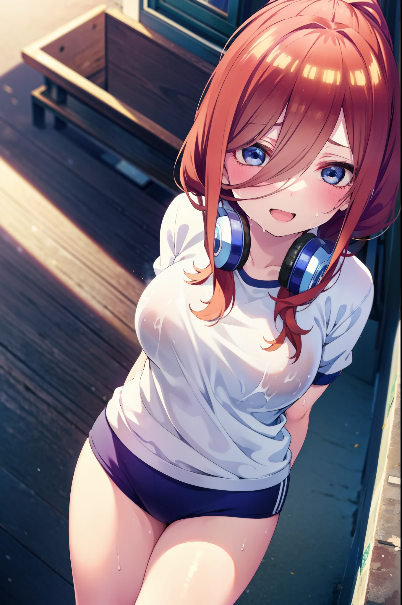 Mikunakano, Miku Nakano, Long Hair, bangs, blue eyes, Brown Hair, shirt, Hair between the eyes, Headphones,ponytail, smile, happy smile, smile, Open your mouth,Big Breasts,smile,Sweat,Wet Skin,Wet clothes,Sportswear,Bloomers,sneakers,whole bodyがイラストに入るように,running,Looking up from below,
break outdoors ,School,グラウンド
break looking at viewer, whole body,(Cowboy Shot:1. 5) ,
break (masterpiece:1.2), highest quality, High resolution, unity 8k wallpaper, (shape:0.8), (Beautiful details:1.6), Highly detailed face, Perfect lighting, Highly detailed CG, (Perfect hands, Perfect Anatomy),