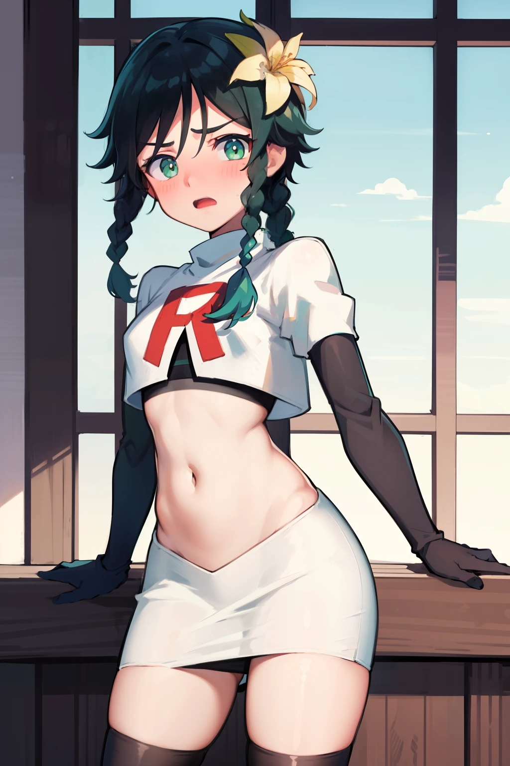 absurdres,venti,1boy, male focus, trap,black hair, green-blue hair, hair braid,hair flower,aqua green eyes,crossdressing,1boy,team rocket,team rocket uniform,white skirt,red letter R,crop top,black thigh-highs,black elbow gloves, cowboy shot,embarrassed, blush