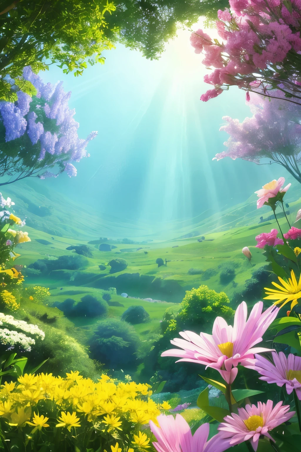 A spiritual abstract mandala made of flowers and plants arranged on fabric, capturing the essence of early summer with vibrant green hues, bright blues, yellows, oranges, and pinks. The artwork symbolizes paradise, bliss, nirvana, unity, and oneness, inspired by Buddhist Pure Land aesthetics. The composition is panoramic and horizontal, with a wide-angle view, incorporating soft lighting and shining lights to create a rich sense of depth and positivity. The background features a clear blue sky with fluffy white clouds, enhancing the fresh and positive atmosphere of early summer. The design is abstract, avoiding specific landscapes or forest elements, focusing solely on the arrangement of flowers and plants. Colors are vibrant and high in brightness, with a mix of pale and intense tones, including shades like DarkGoldenrod and Light Forest Green. Best quality, concept art, hopeful, clear blue sky, white clouds, main artwork, panoramic composition, wide-angle lens, soft lighting, shining lights, green hues, vibrant colors, high brightness colors, pale colors, DarkGoldenrod, Light Forest Green. --ar 4:1 --size 1200x300