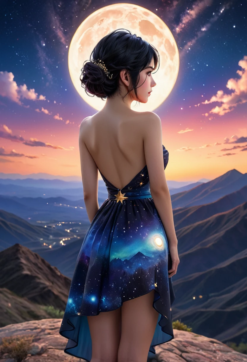 1girl, backless dress, expose breast, strapless, hair ornament, back angle, looking at viewer, night sky, shining ornaments, black hair, short hair, mountainous horizon, sunset, star (sky), cloudy sky, milky way, sad smile, distant view, bottom view, starrystarscloudcolorful, incredibly absurdres, ultra detailed, high resolution, realistic lighting, photorealism, hyperrealism,masterpiece,vibrant colors,stunning visuals,ultra skin texsture,stable diffusion,perfect anatomy,crazy details