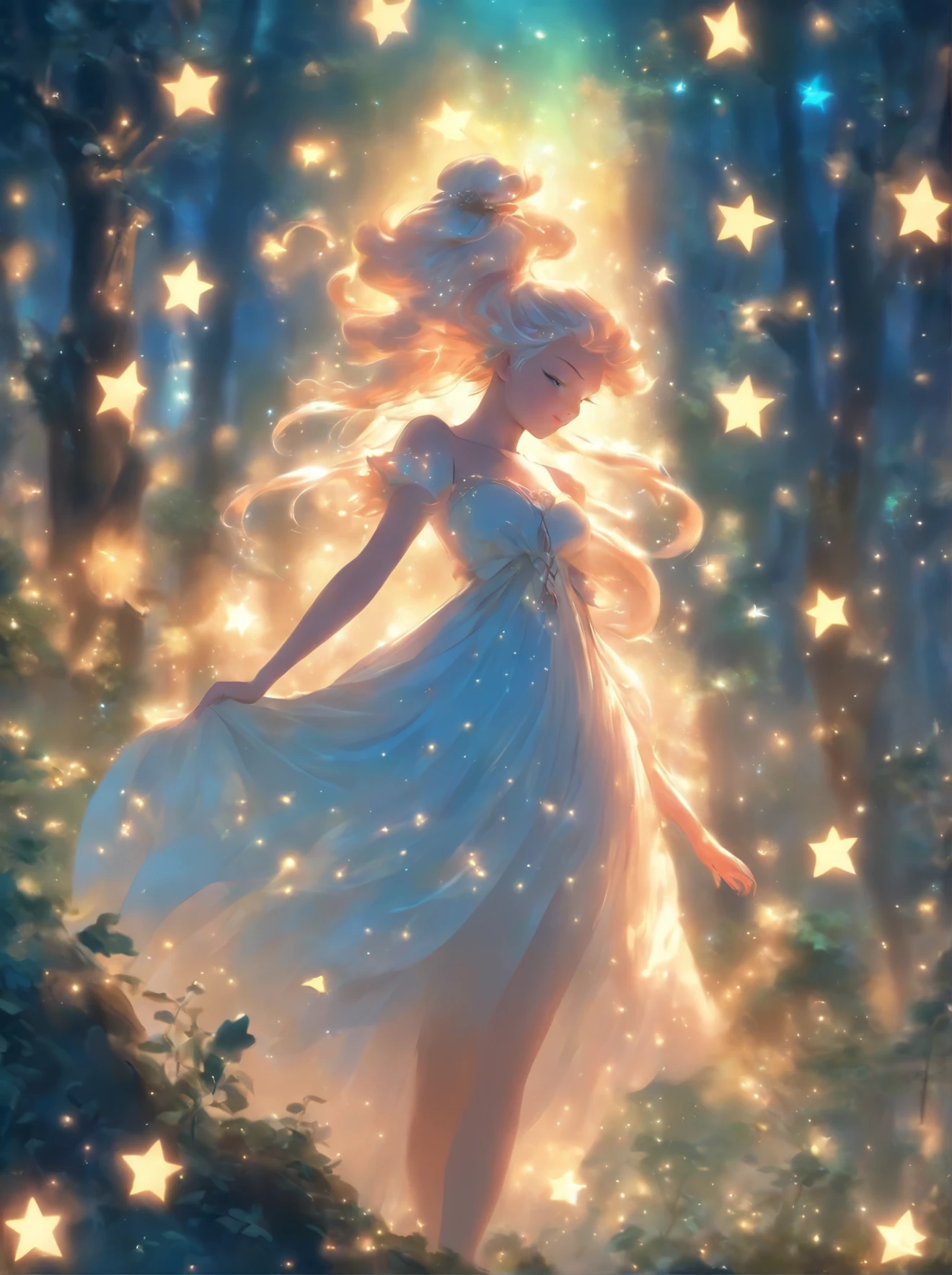 a woman in a white dress standing in a forest with stars, digital art by Cherryl Fountain, trending on cgsociety, fantasy art, ethereal fairytale, lost in a dreamy fairy landscape, the moonlit dance of the fae, fairy atmosphere, fairy cgsociety, ethereal fantasy, fairytale artwork, digital art fantasy, very magical and dreamy, fantasy fairytale story