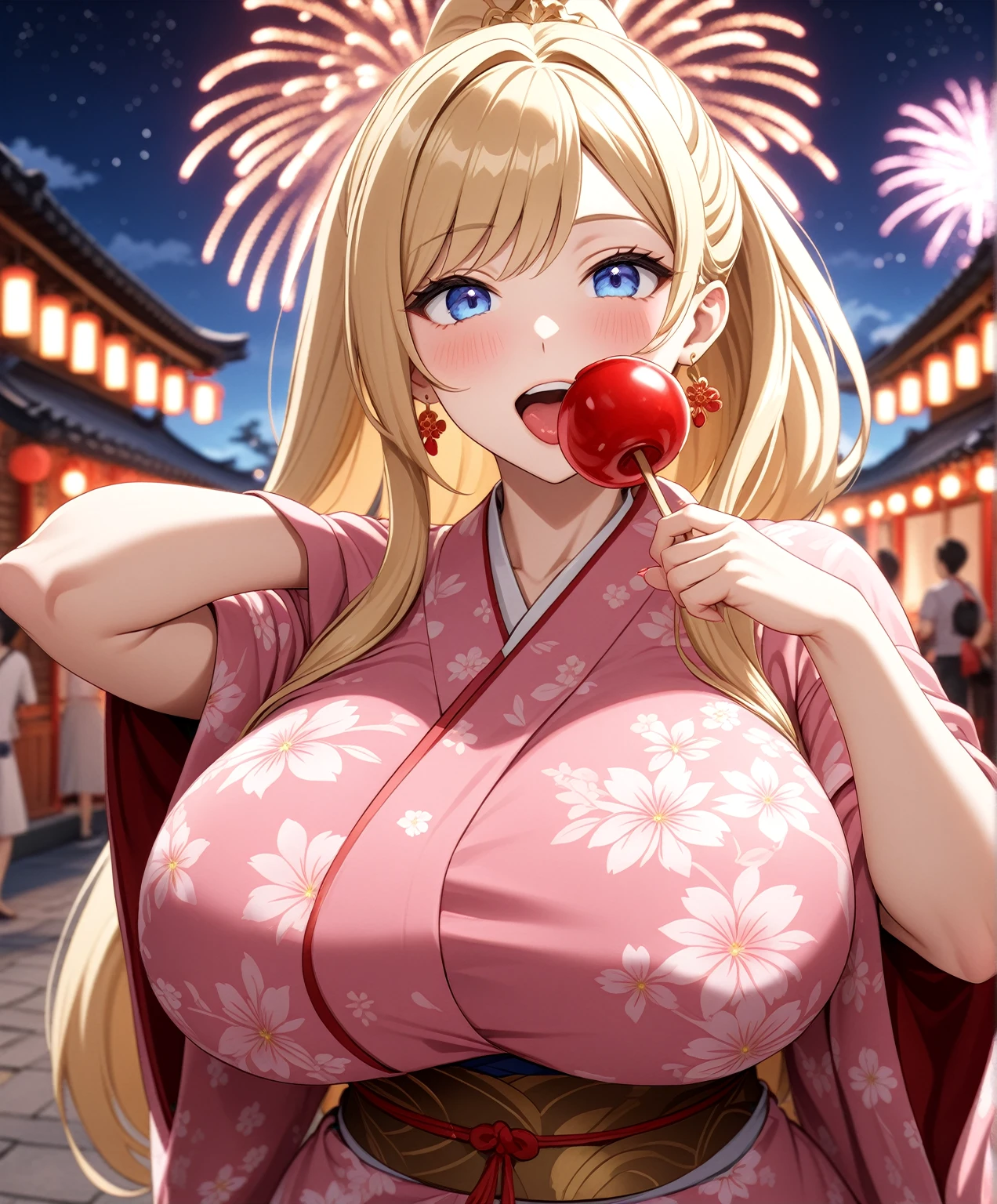 ((one personの女性)), Beautiful Face,Embarrassed and kind expression,Laugh embarrassedly(Taking a selfie while licking a candy apple),Laugh with your mouth open,turn bright red,Glossy pink lips,night,Shrine festival sexpensives,firework, ((Anime style background)),masterpiece, highest quality, so beautiful, Latest, Complex details, (Pink long nails),AI-generated, Complex,High resolution, highest quality, super high quality,3D Images、View your viewers、3D Images,one person,Long Blonde Hair,High Ponytail,blue eyes,Anime woman posing for a photo, [[Fine grain、Colorful eyes、Shining Eyes:1.15]],(Squint your eyes:1.1),a hyperRealistic , hyperRealistic , Realistic,Blonde anime woman with long hair, Smooth anime CG art, A woman in a colorful kimono with gold embroidery, (Yellow kimono),Pink floral pattern,Long flower hair ornament,Big earrings,(Big Breasts:1.2),Mature Body,expensive,Big Ass,Fine details,Tight waist,Abdominal muscles,Photographed from diagonally above,