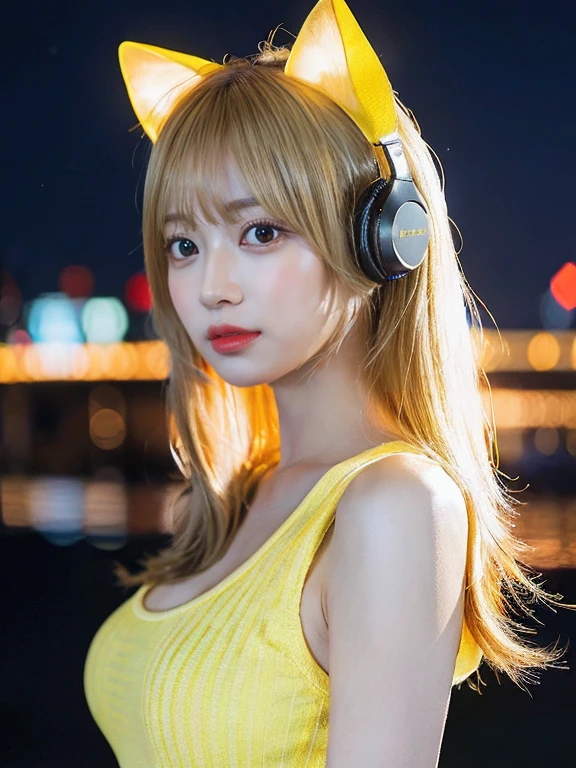 Full Body Photo、The whole body is captured、プロの写真最high quality, masterpiece, 32k、Very detailed、Realistic、1 girl, Japanese women、Cute Face, (photo Actual:1.3),Bob Hair(Golden hair color、Blonde Hairstyles)、Edge lighting, (Skin with attention to detail:1.2), 8k超High resolution, Single-lens reflex camera, high quality, High resolution, 4K, 8k, Optimal ratio of four fingers to one thumb, (Actual:1.3), cute 1 girl, Realistic、Super Realistic、32k、Very detailed、masterpiece, 最high quality, beautiful girl, beauty、Mecha, Beautiful lighting, (Neon Light:1.2), (night:1.5), Yellow-themed K-POP idol costumes、Yellow color outfit、Yellow sleeveless outfit(Yellow Fashion)、Shorts、Big Breasts(big 、There is a valley)Cat ear headphones、Are standing、Cyber Neon、Future City、Skyscraper、都会のnight、Shanghai、big cities、night景、綺麗なnight景