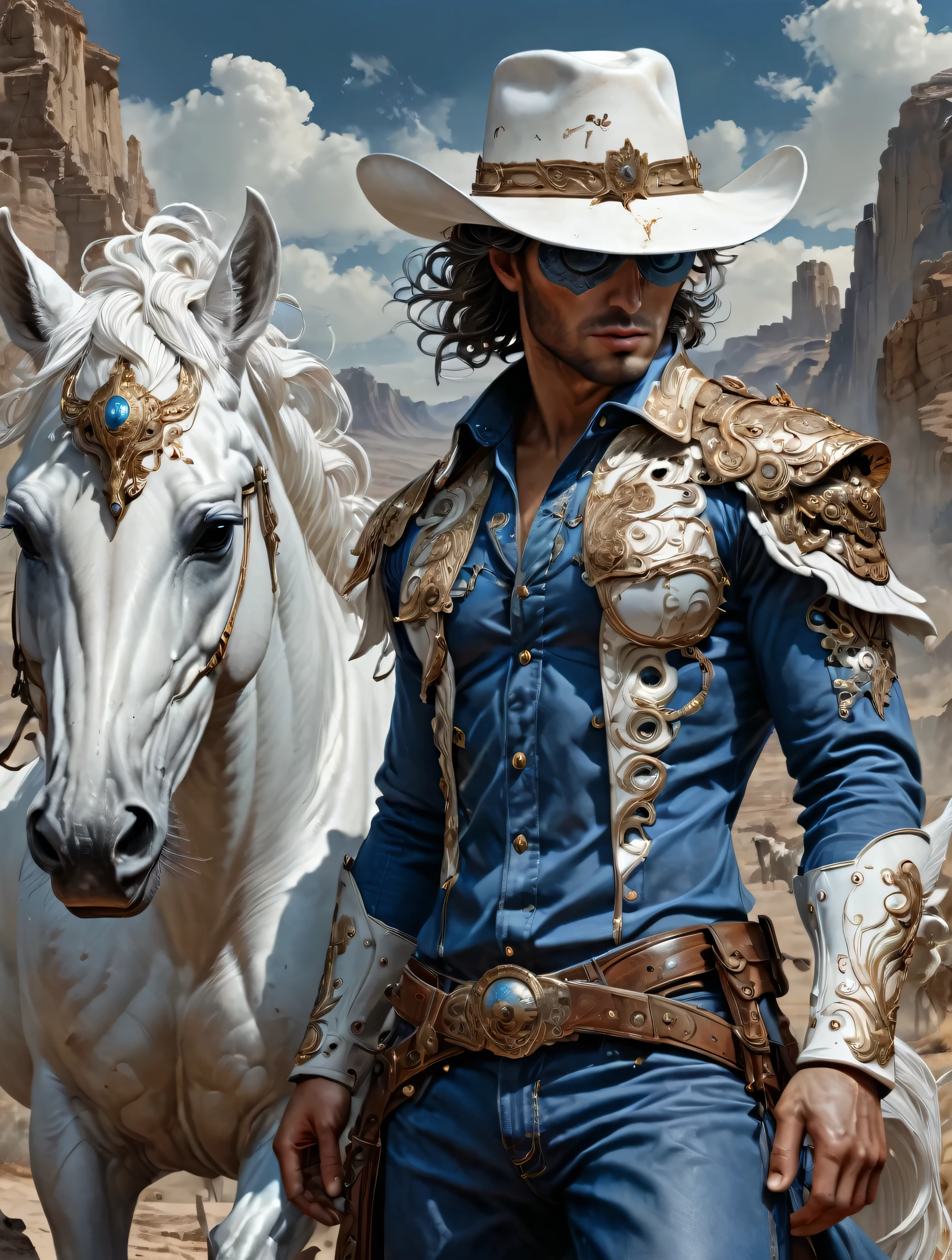 a caucasian Cowboy stuck in the Wild West, with hero mask over eyes, blue shirt, blue pants, white cowboy hat, White horse, masterpiece,kbak style,epic,8k,cinematic,trending on artstation and deviantart,ultra detailed