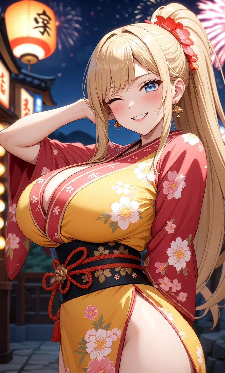 ((One girl)), Beautiful smile,Very happy expression,((Wink:2.0)),Blushing,Glossy Lips,Abstract, night,Shrine Festivals, ((Anime style background)),masterpiece, highest quality, so beautiful, Absurd, up to date, Complex details, Pink long nails,AI-generated, Complex,High resolution, highest quality, super high quality,3D Images、View the viewers、3D Images,one person,Long Blonde Hair,High Ponytail,blue eyes,Anime woman posing for a photo, [[Fine grain、Colorful eyes、Shining Eyes:1.15]],(Squint your eyes:1.1),a hyperRealistic , hyperRealistic , Realistic , Blonde anime woman with long hair, Smooth anime CG art, A woman in a colorful kimono with gold embroidery, Floral Yukata,Gorgeous kimono,Flower Hair Ornaments,Earrings,(Large Breasts:1.3),Mature Body,tall,Big Ass,Fine details,Abdominal muscles,Exposed nipples,Tilt your face,