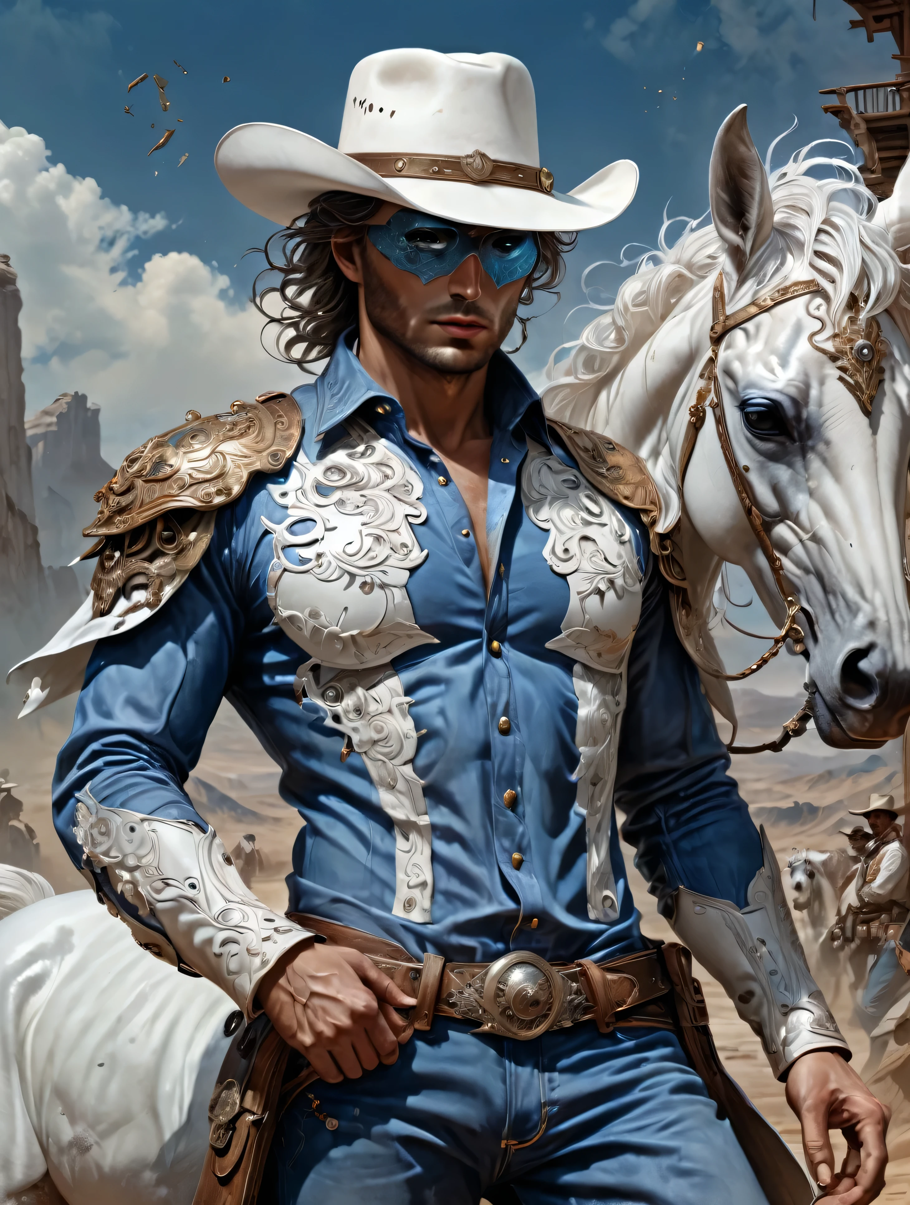 a caucasian Cowboy stuck in the Wild West, with hero mask over eyes, blue shirt, blue pants, white cowboy hat, White horse, masterpiece,kbak style,epic,8k,cinematic,trending on artstation and deviantart,ultra detailed