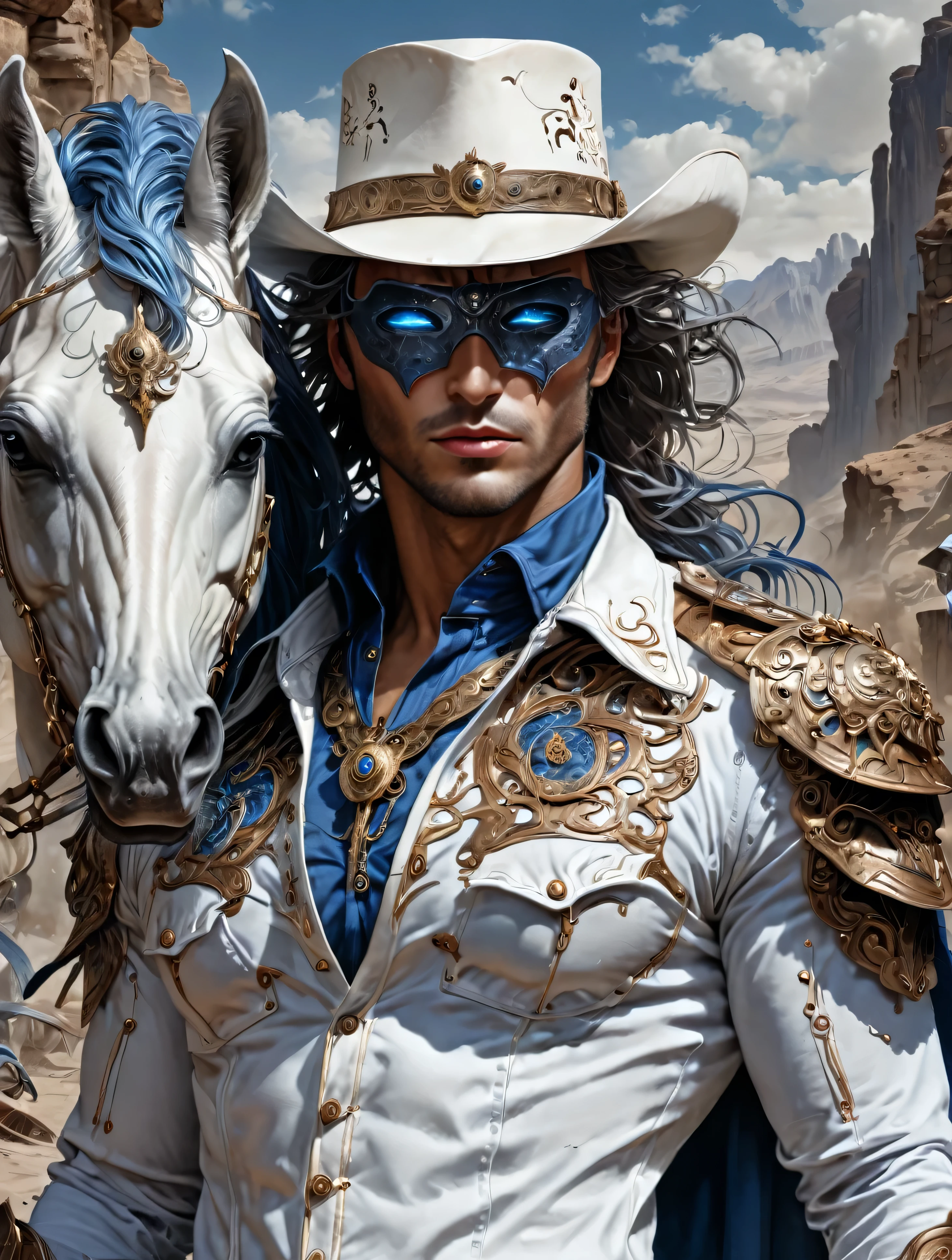 a caucasian Cowboy stuck in the Wild West, with hero mask over eyes, blue shirt, blue pants, white cowboy hat, black gloves, White horse, masterpiece, epic,8k,cinematic,trending on artstation and deviantart,ultra detailed