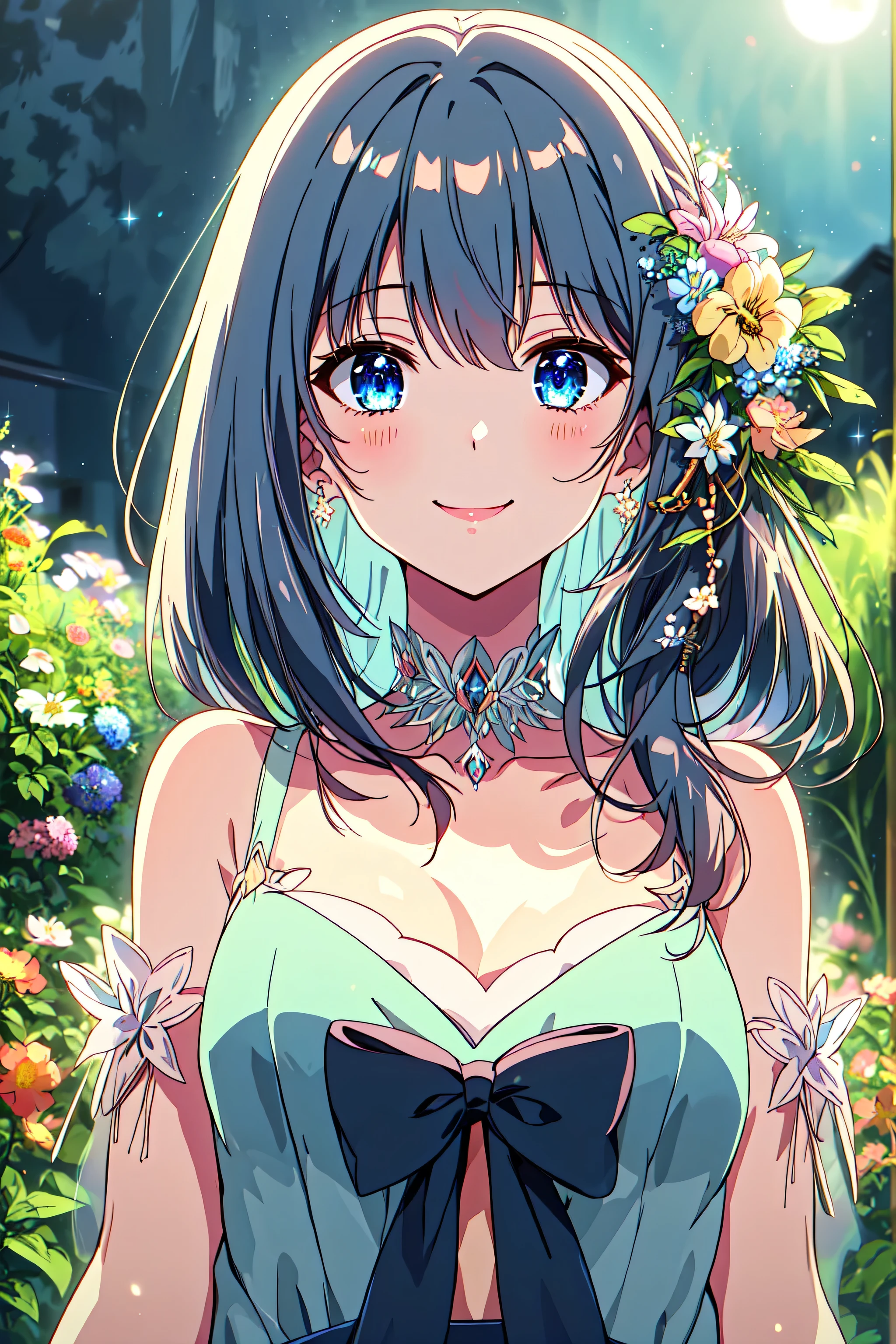((highest quality)), ((masterpiece)), (detailed), Perfect Face ,masterpiece, best quality, extremely detailed, anime, girl, blue eyes, silver hair, 8K, 4K,longhair,colorful,Wedding dress,small breast,expressive eyes,perfect face, moe, kawaii,cute,dress,eye focus, spectacular view, diamond shaped eyes, full body, Angel's wing,smile,flower garden, eyes closed, night, moon